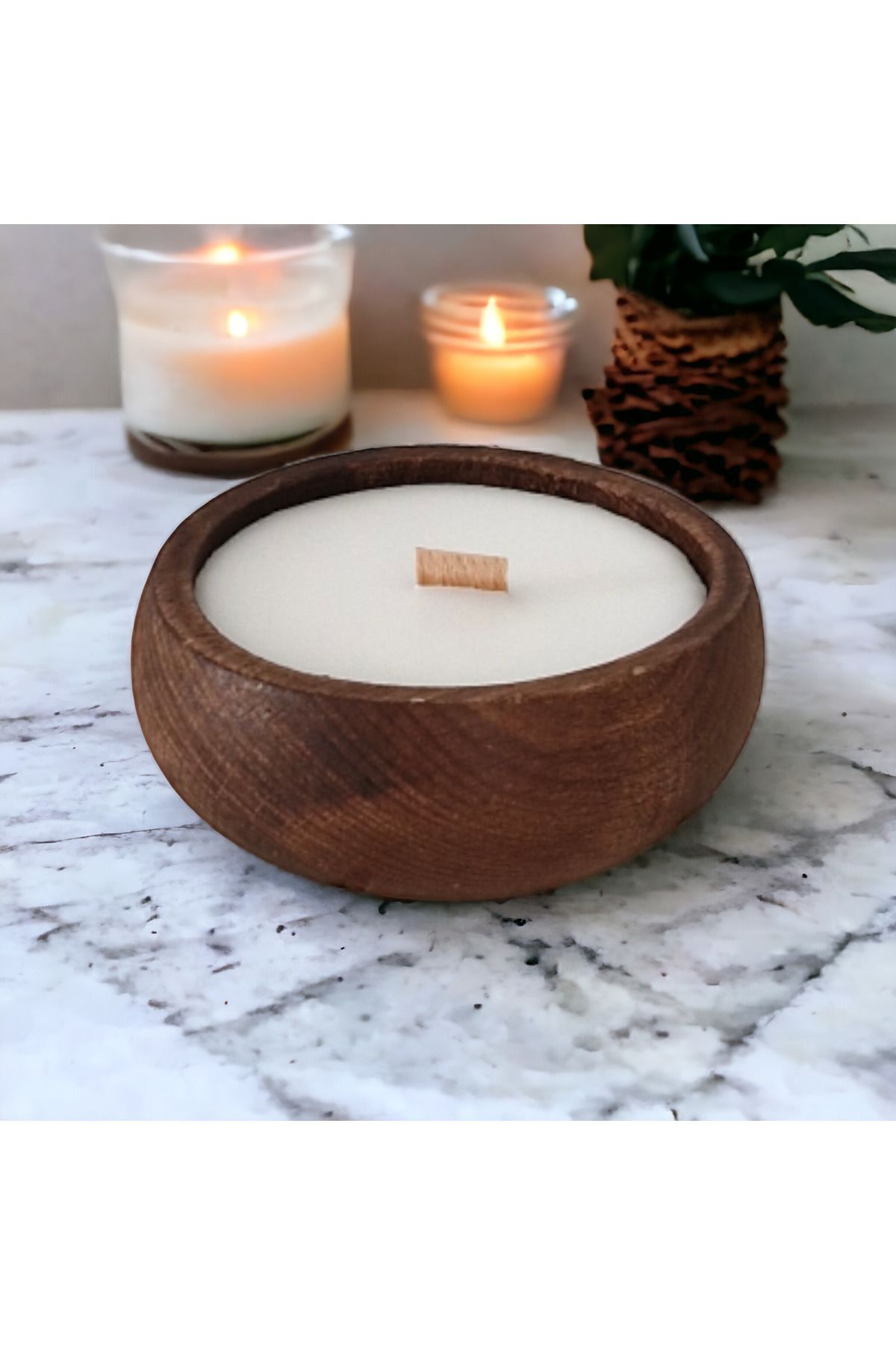 DEKORANLA Doğal Soya Mum, Lavanta Kokusu, Ahşap Mumluk, 9 cm, Kahverengi