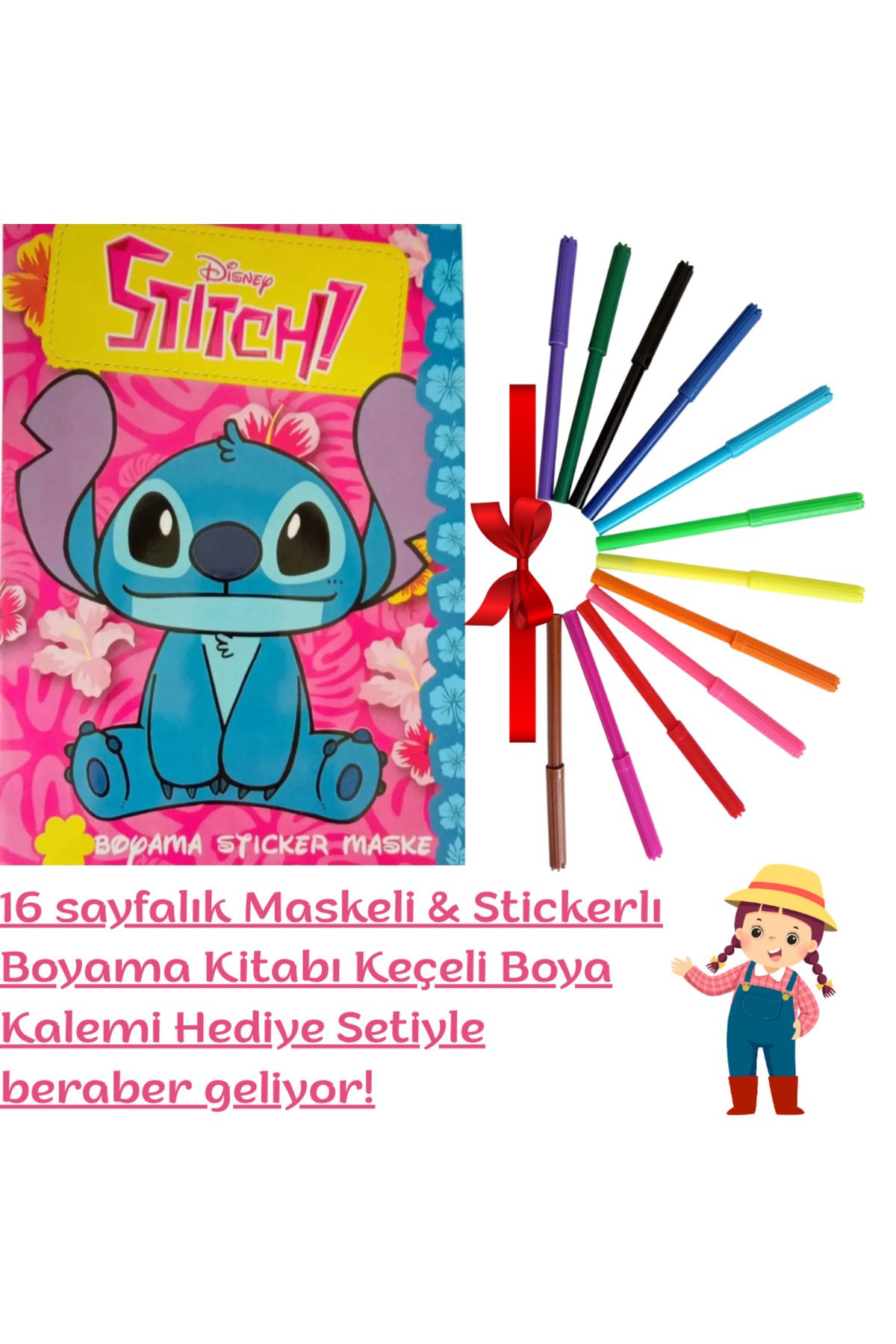 booddie Lilo & Stitch Boyama Kitabı Stickerlı (Arka Kapak Kesilerek Maskeli ) & 12'li Keçeli Boya Kalem Seti