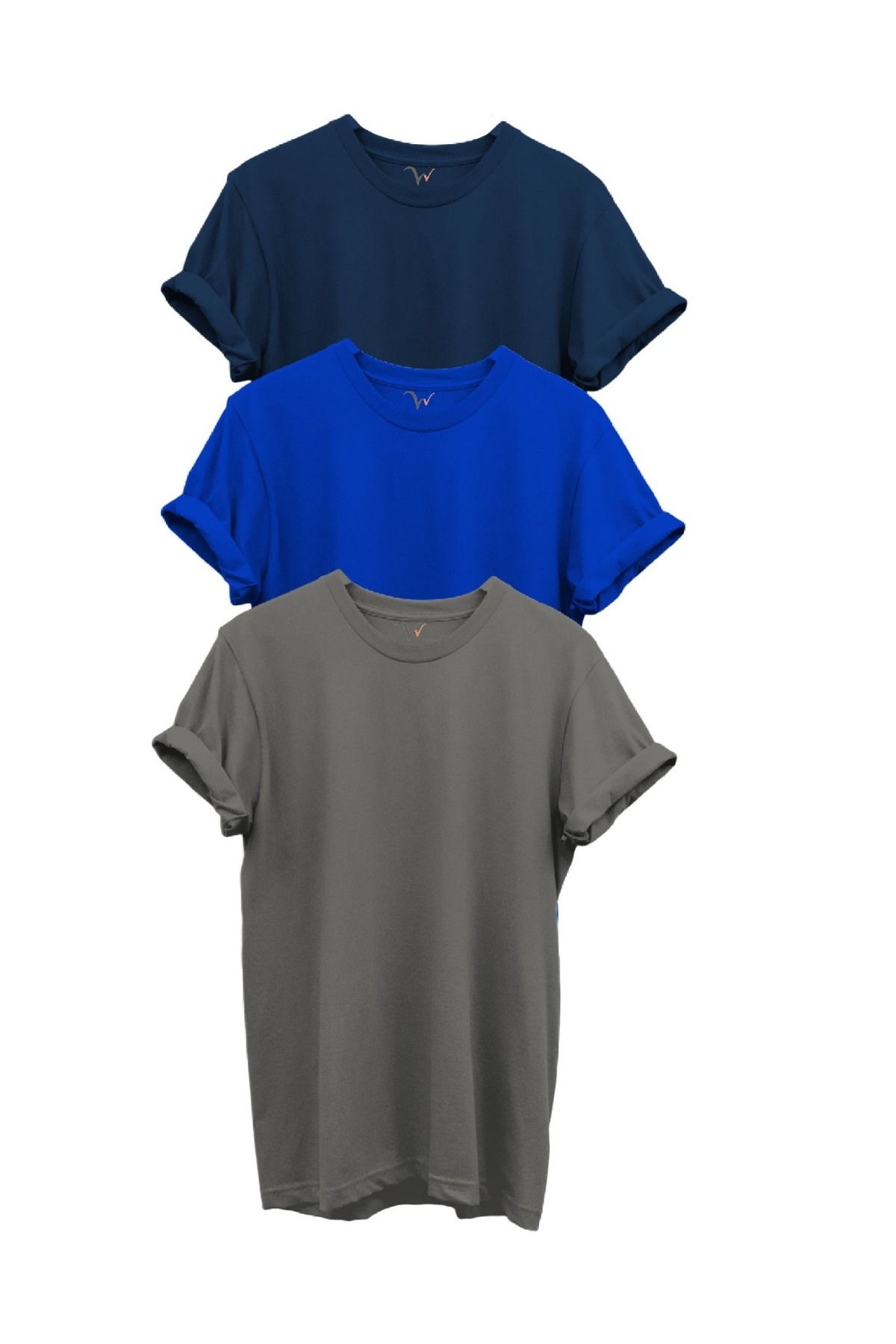 WİDİ 3'lü Siyah Saks Mavi Antrasit Gri Set %100 Pamuk Regular Fit Bisiklet Yaka Premium T-shirt
