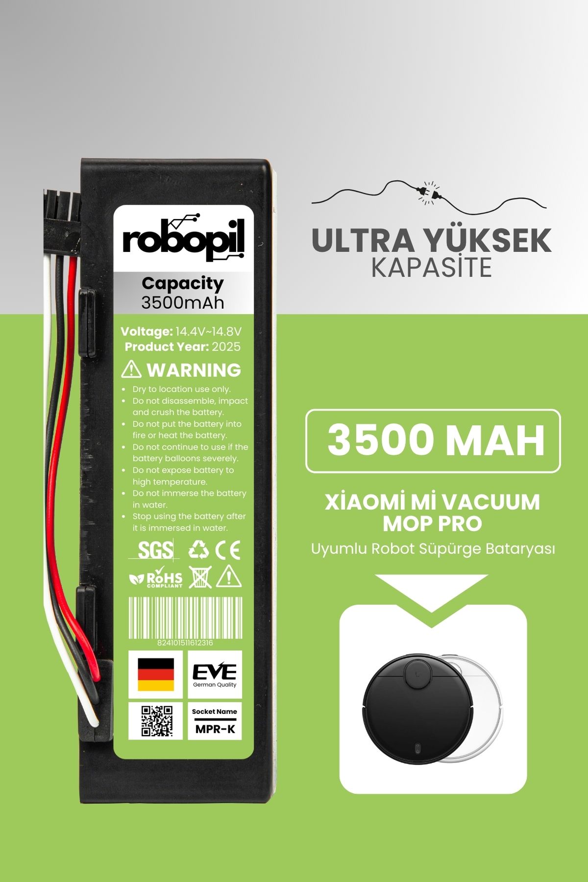 ROBOPİL Xiaomi Mi Vacuum Mop Pro Stytj02ym Uyumlu Batarya (ULTRA YÜKSEK KAPASİTE) 3500mah Kutulu Pil