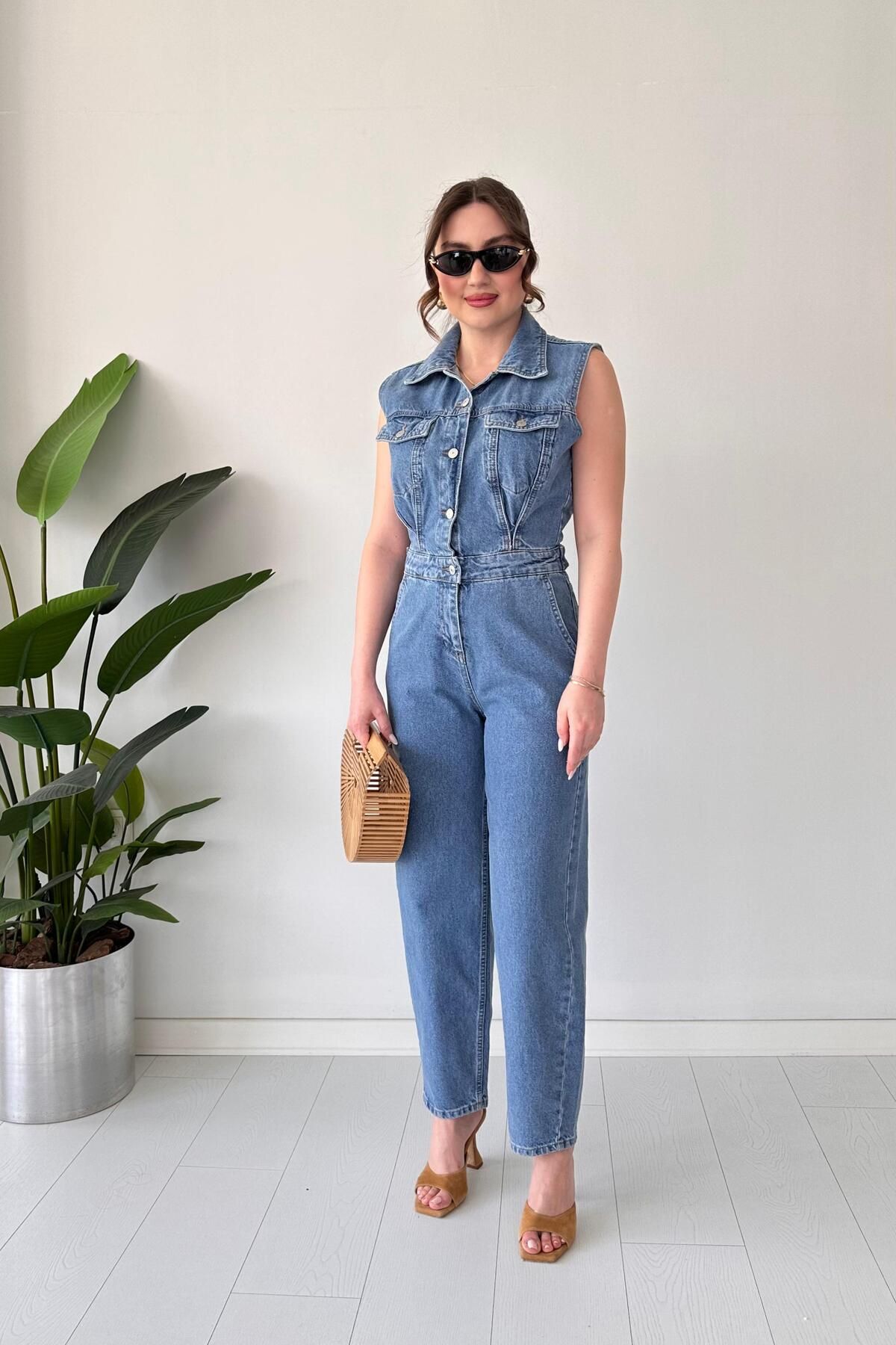 MaziButik Kolsuz Denim Tulum Lacivert