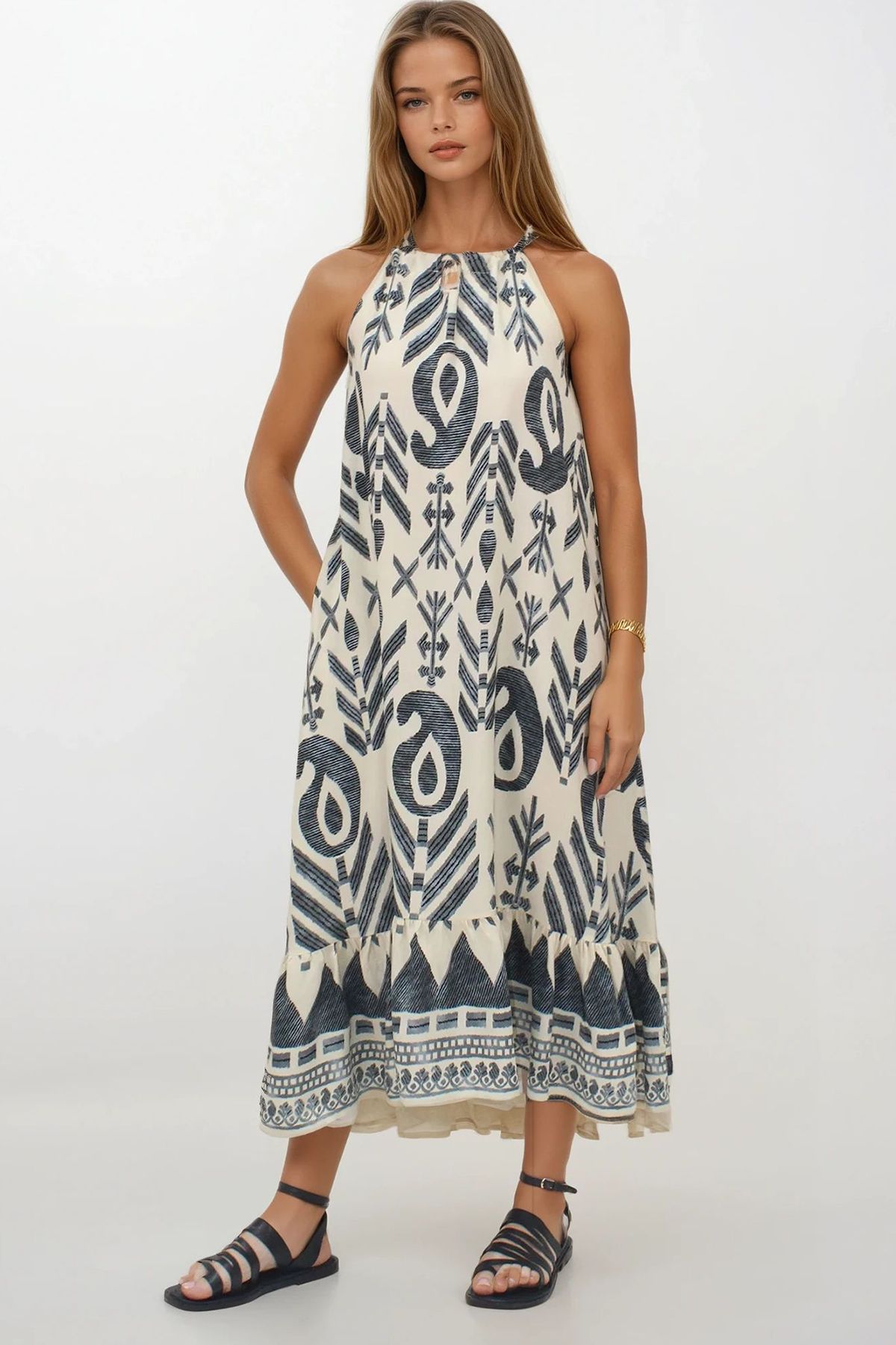 VAGGON-Fusta cu șireturi cu model ecru pentru femei Rochie din plasă de lungime maxi cu buzunare duble Rochie Vs00266 3