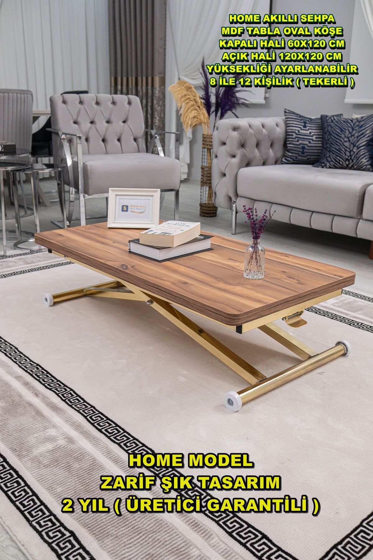 SEHPAM AKILLI Akıllı Sehpa Home Üst Tabla Mdf Alt Mekanizma Gold Kaplama