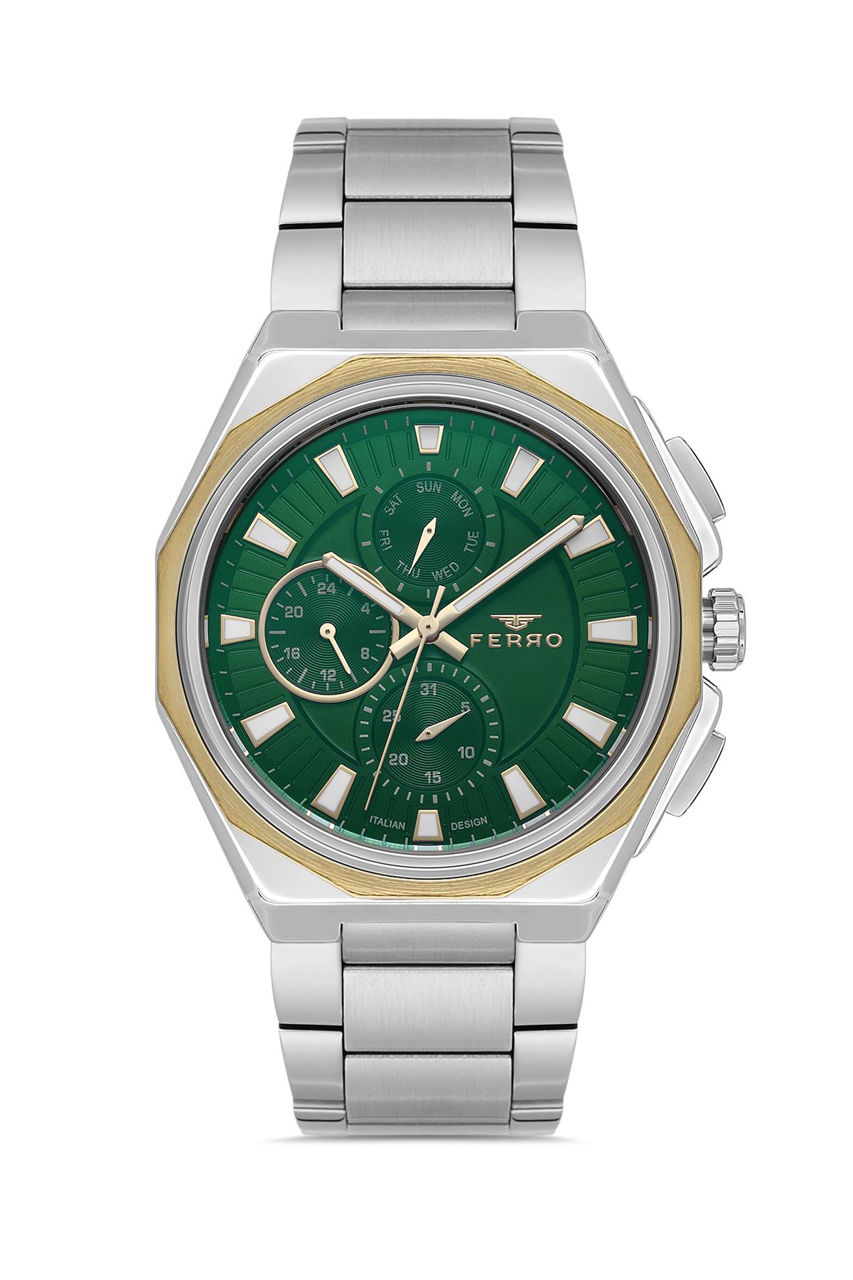 FERRO FM11590AWT-D6 Quartz Çelik Gri Yeşil Kadran 44 mm Erkek Kol Saati