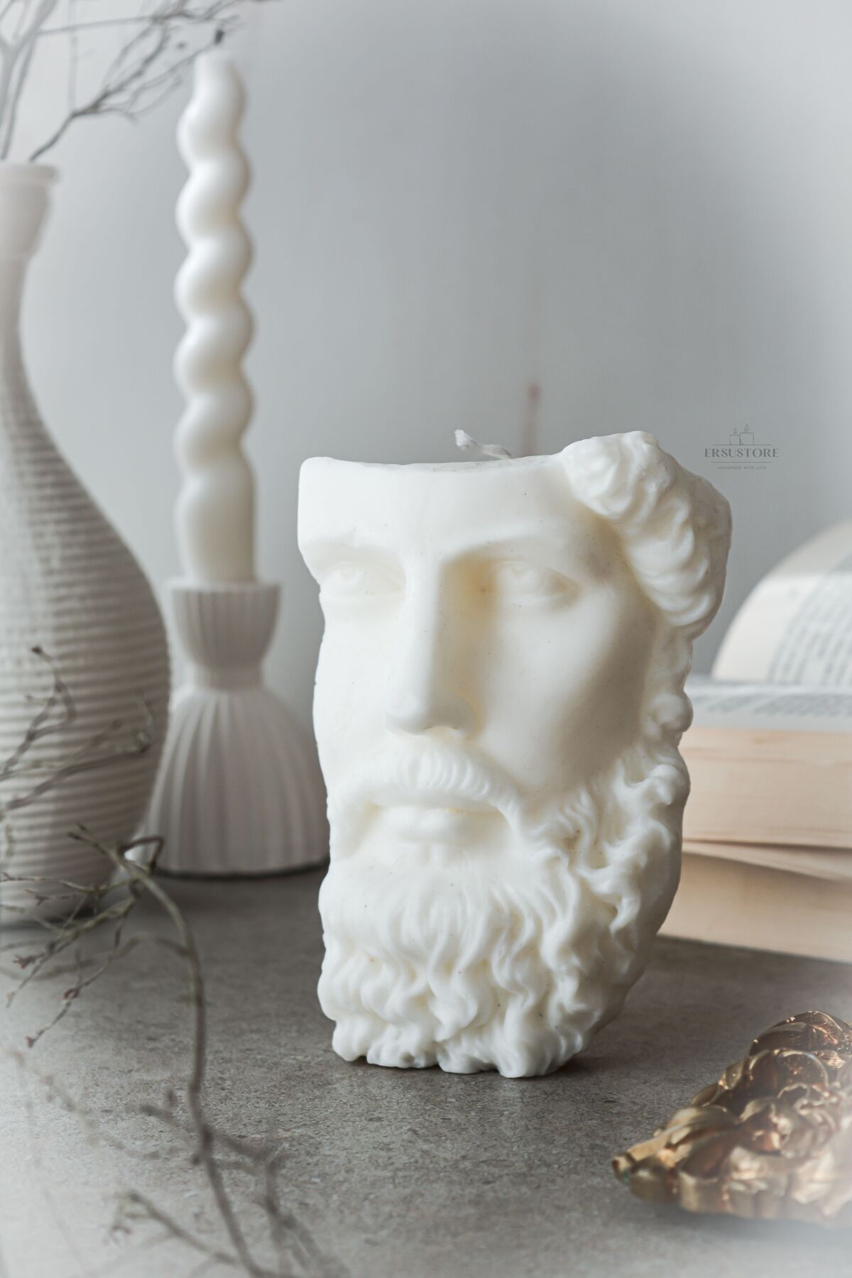 DEKORANLA Beyaz Kokulu Soya Wax Zeus Büst Dekoratif Mum, Hediye Seçeneği