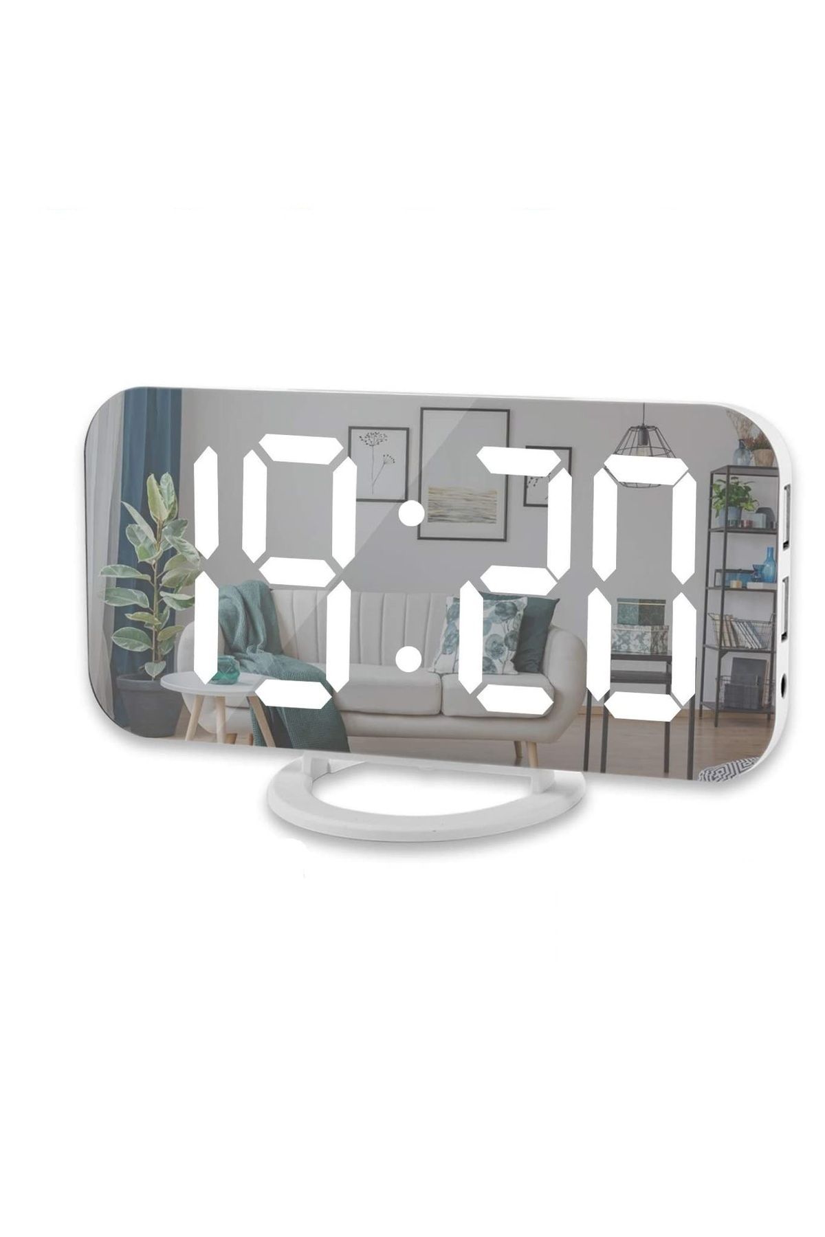 Elioure Aynalı LED Dijital Saat, 2 USB, Hızlı Şarj, Alarmlı, Masa Saati, Beyaz