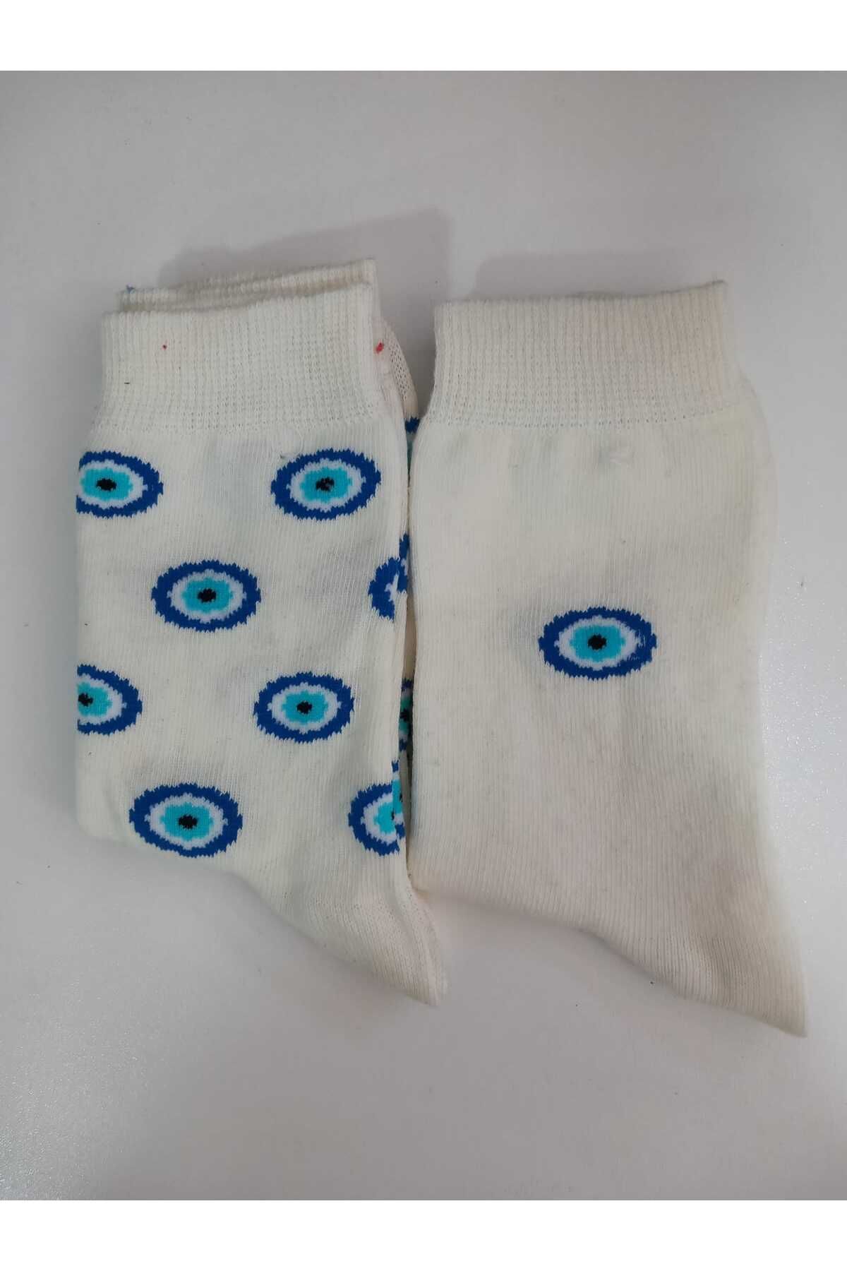 Batik Kadın 2 li nazar boncuğu desenli,ekru renkli,pamuklu soket çorap