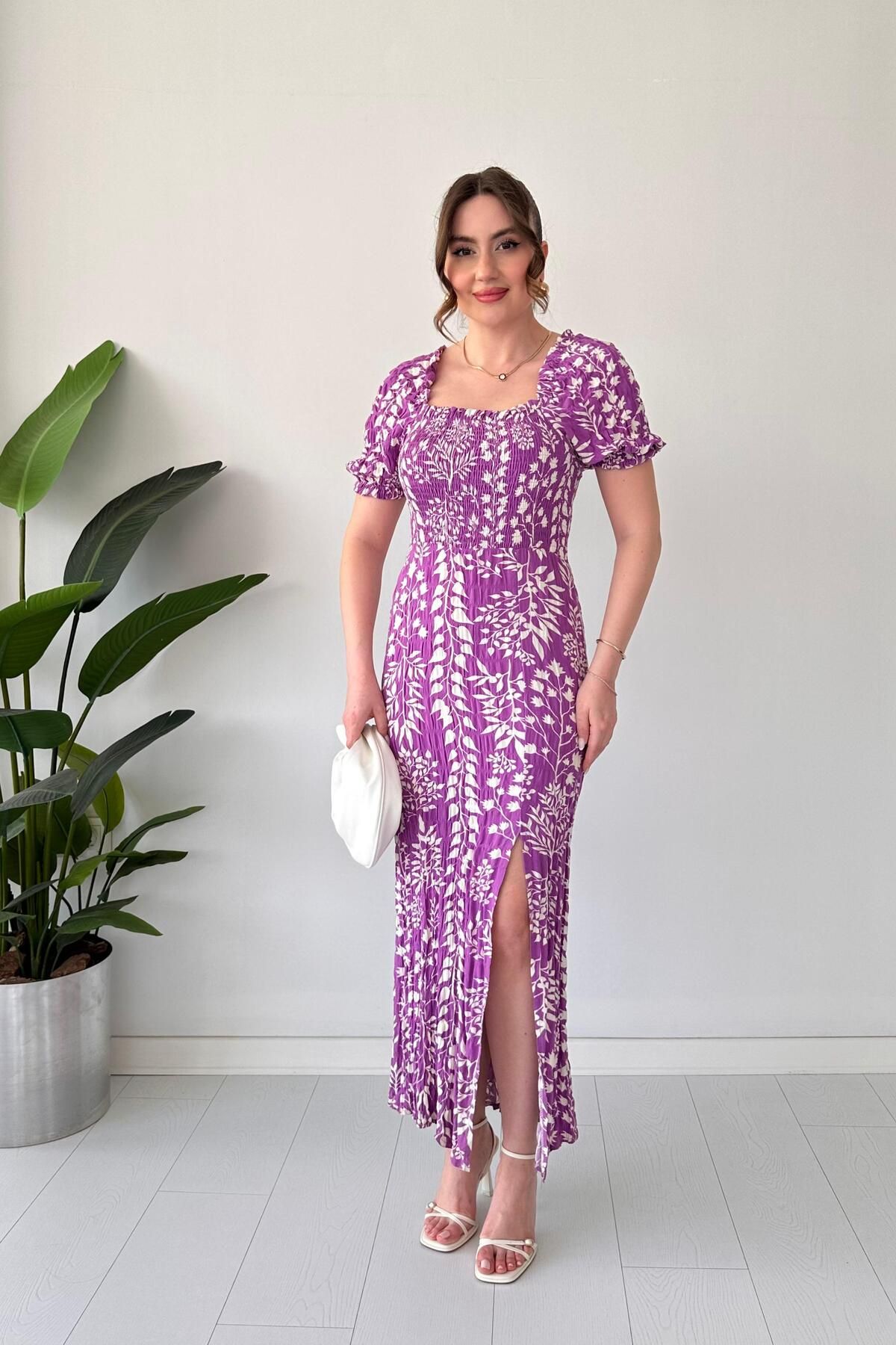 MaziButik Yırtmaçlı Yaprak Elbise Mor