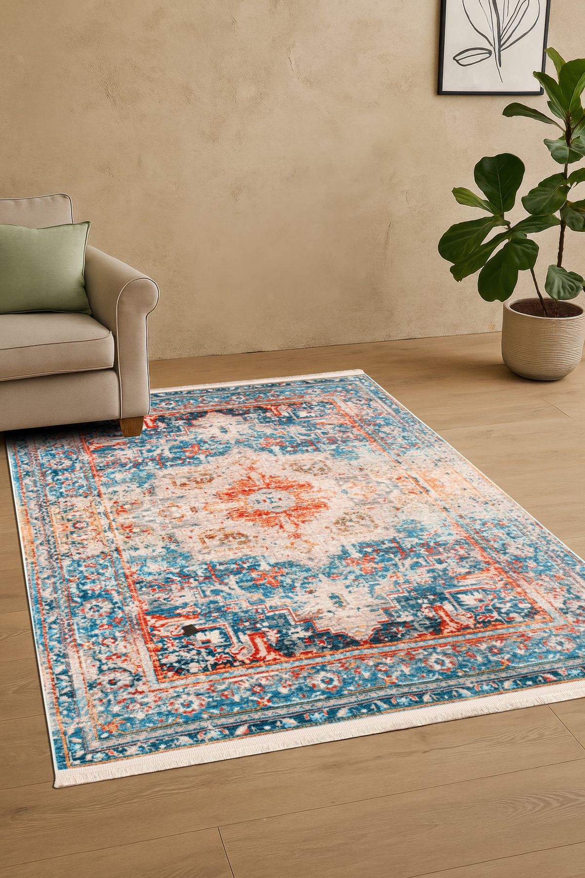 Massilia Home Sahra Halı Makinede Yıkanabilir Dokuma Şönil Kilim Etnik Eskitme Desen Vintage Ev Oda Halısı