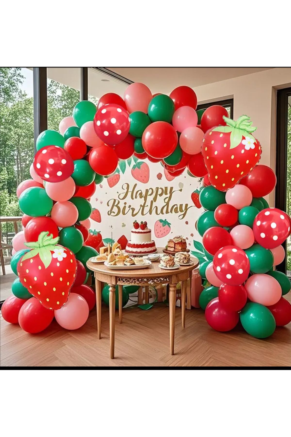 Çemrek Süs Parti Kırmızı Pembe Yeşil ve Puanlı Kırmızı Balonlu Çilek Konsept Balon Zinciri Seti 100 lü