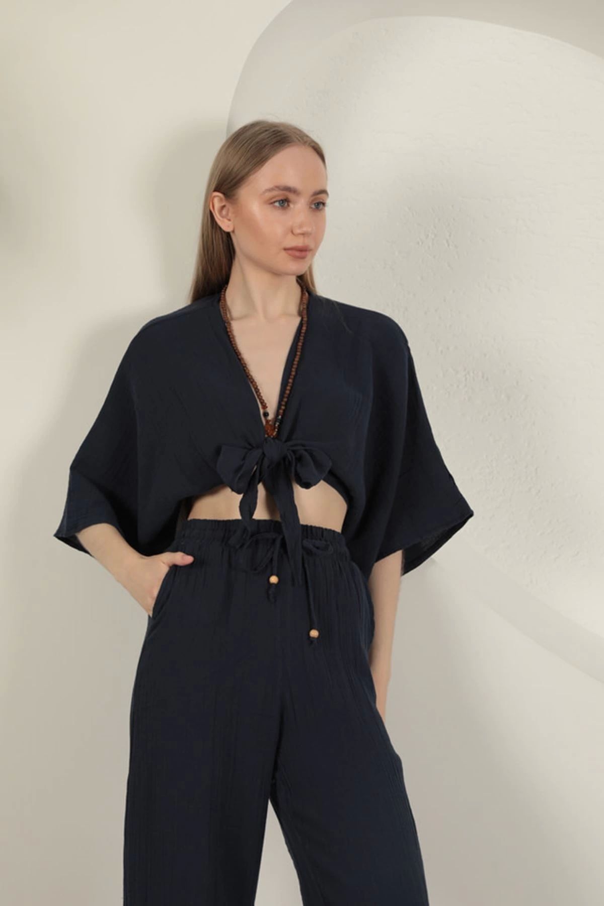 KEREM YAPI MARKET Müslin Kumaş Kimono-Lacivert
