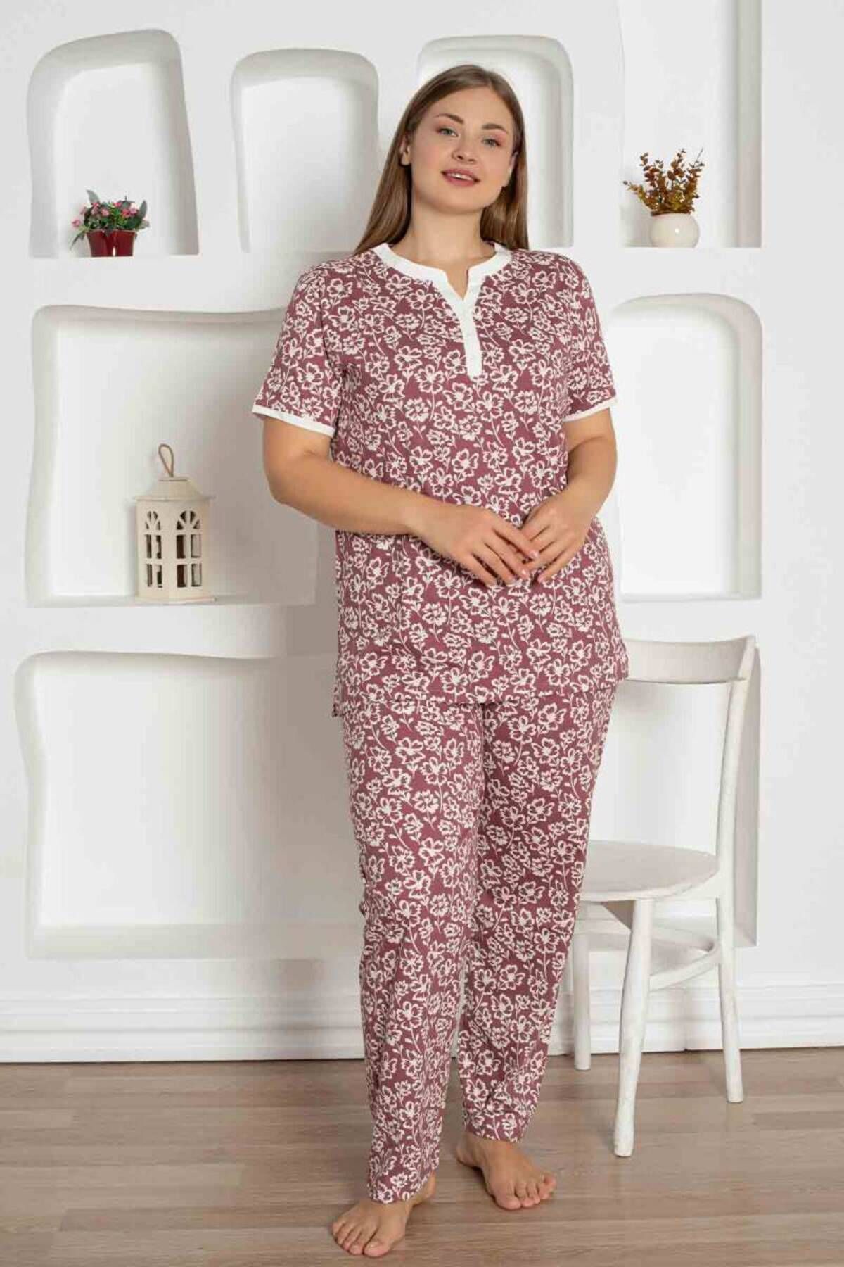Farya Home X-Dreamy Büyük Beden Likralı Pamuklu Çiçekli Kısa Kollu Pijama Takımı