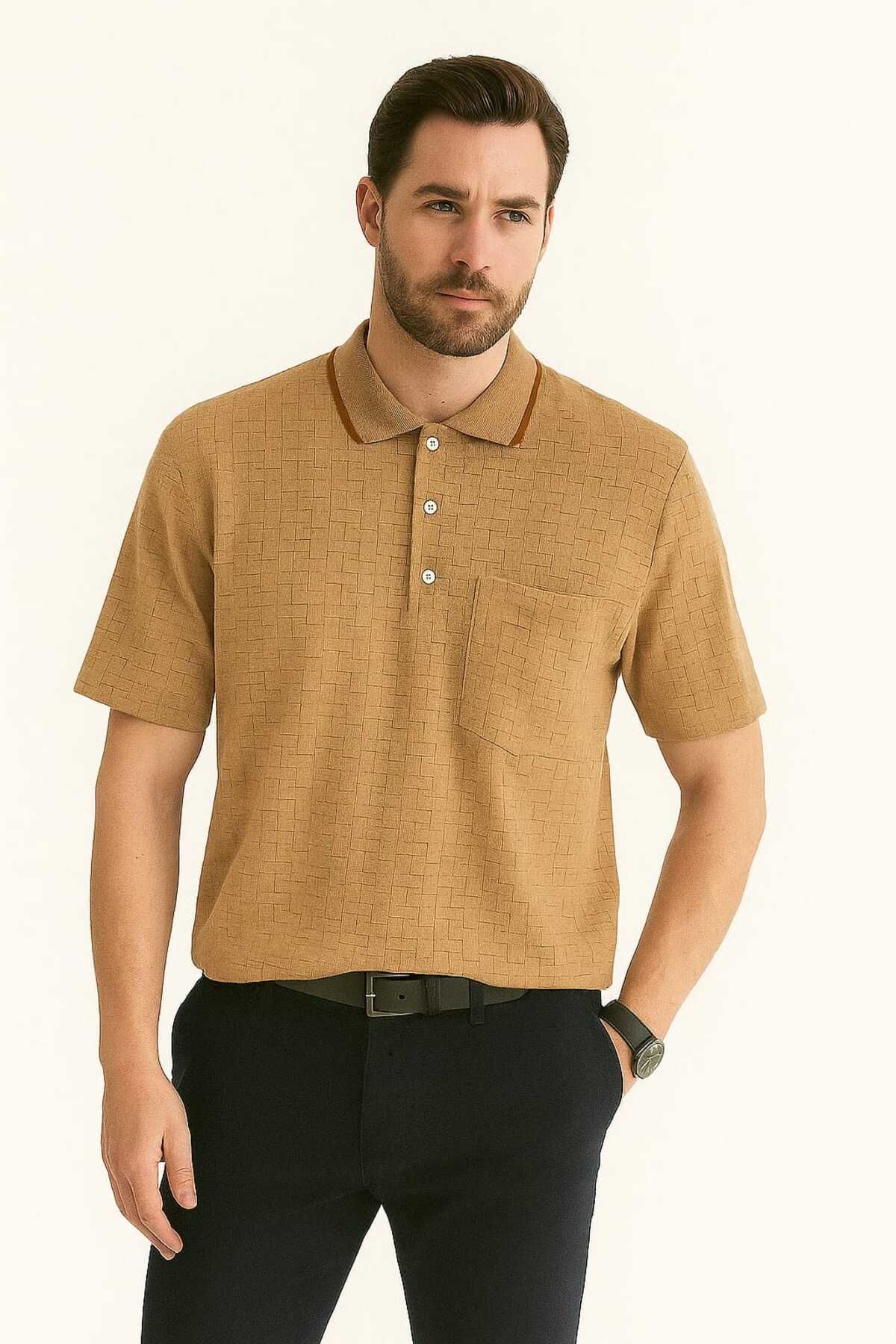 gigigiyim Kare Desenli Polo Yaka Erkek Tişört Açık Kahverengi