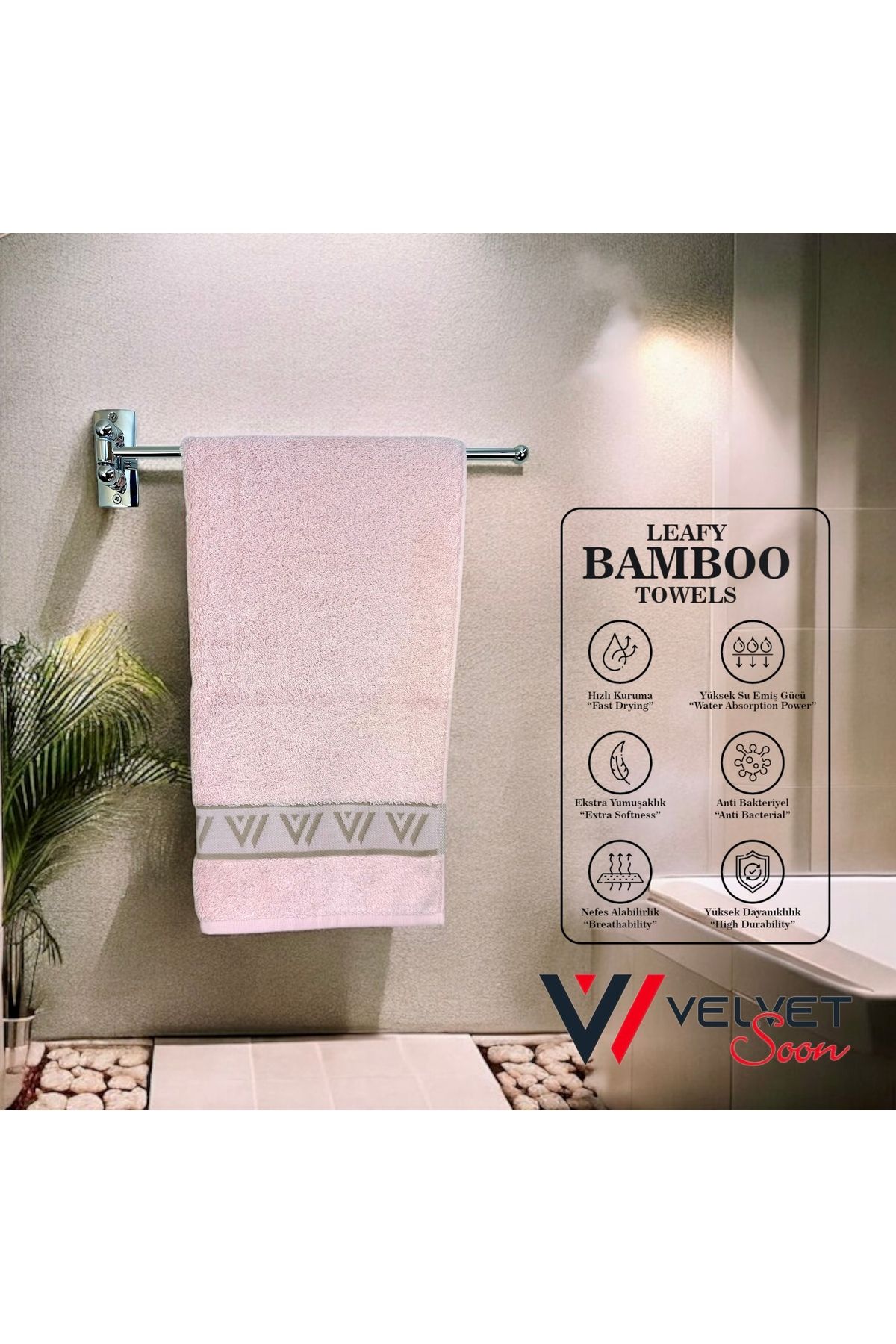Velvet Soon Bambu Pembe V Bordür 50x90 El Ve Yüz Havlusu