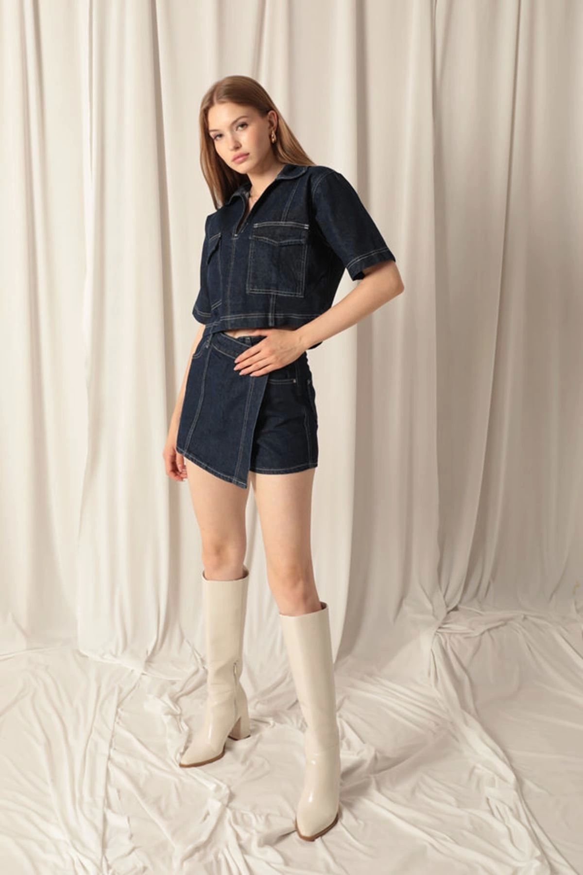 KEREM YAPI MARKET Denim Kumaş Kısa Cepli Crop Kadın Lacivert Kot Ceket