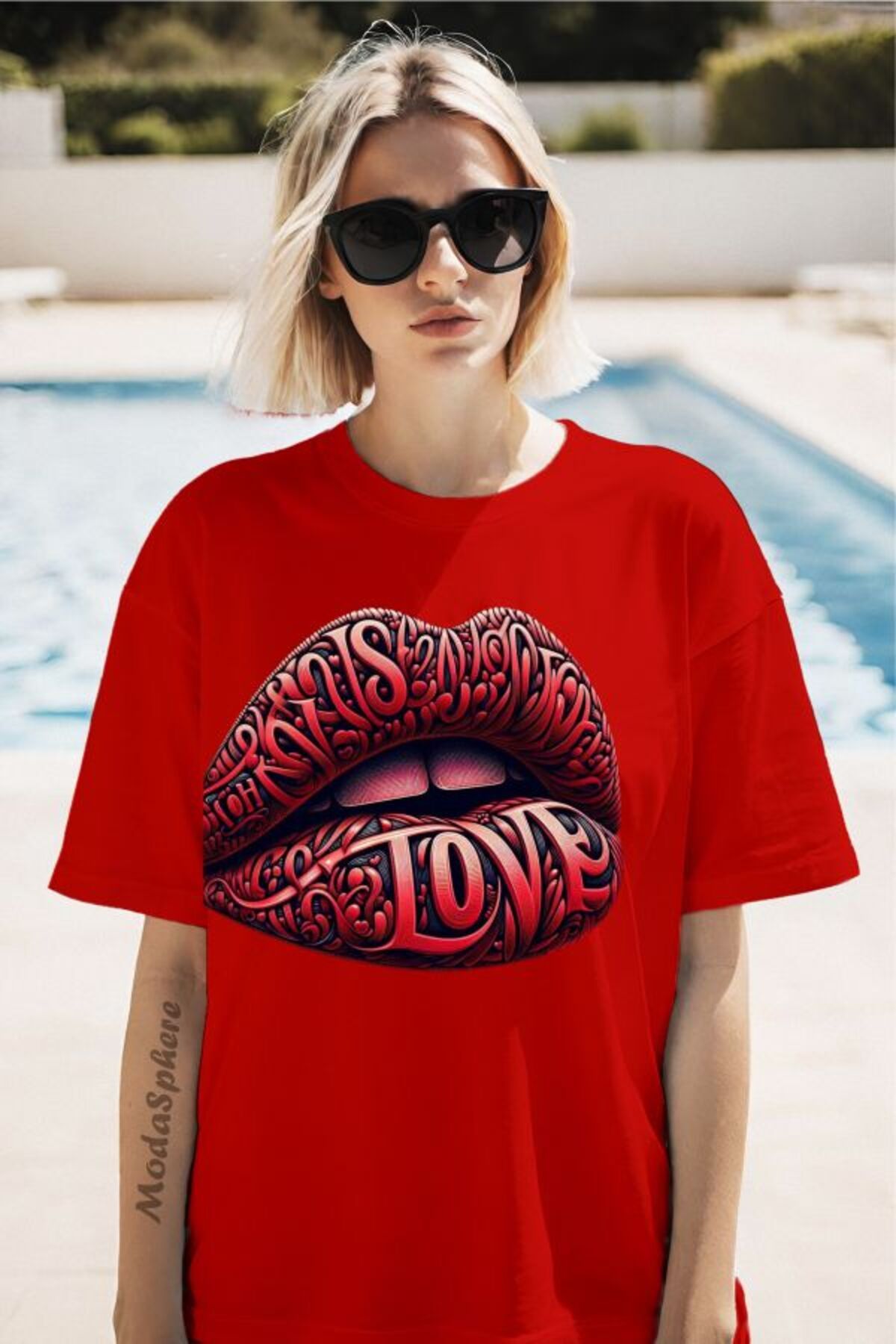 ModaSphere Red Love Baskılı Unisex Oversize Tişört