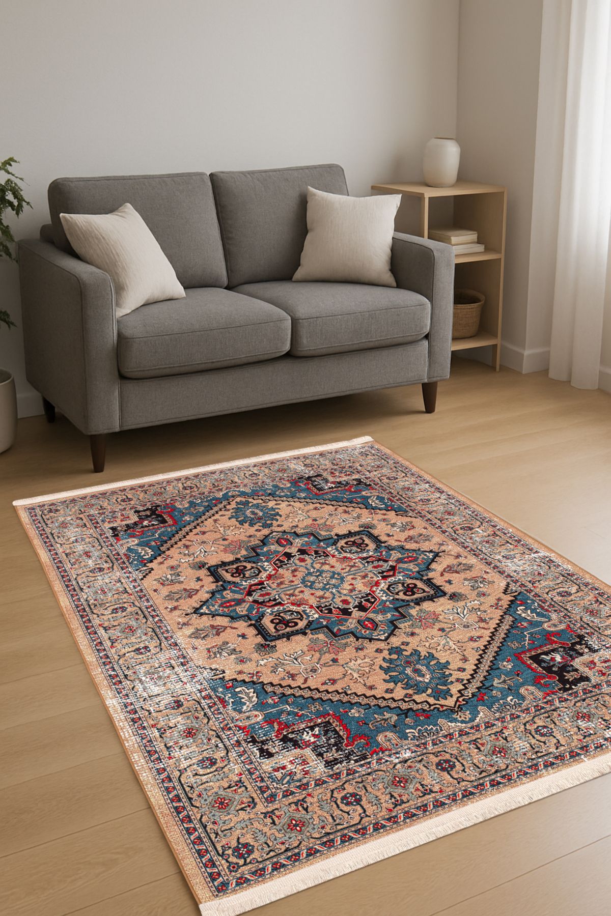 Massilia Home Sahra Halı Makinede Yıkanabilir Dokuma Şönil Kilim Etnik Eskitme Desen Vintage Ev Oda Halısı