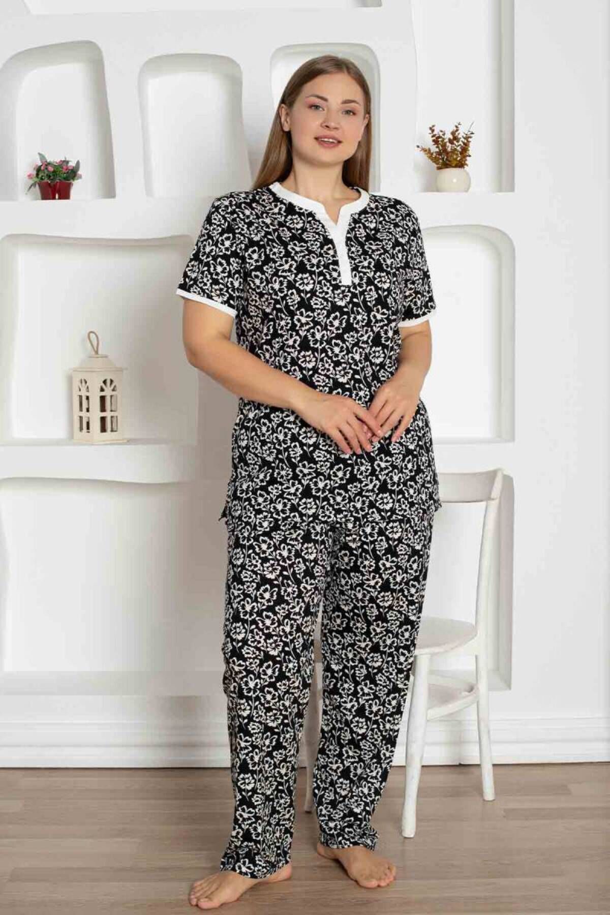 Farya Home X-Dreamy Büyük Beden Likralı Pamuklu Çiçekli Kısa Kollu Pijama Takımı