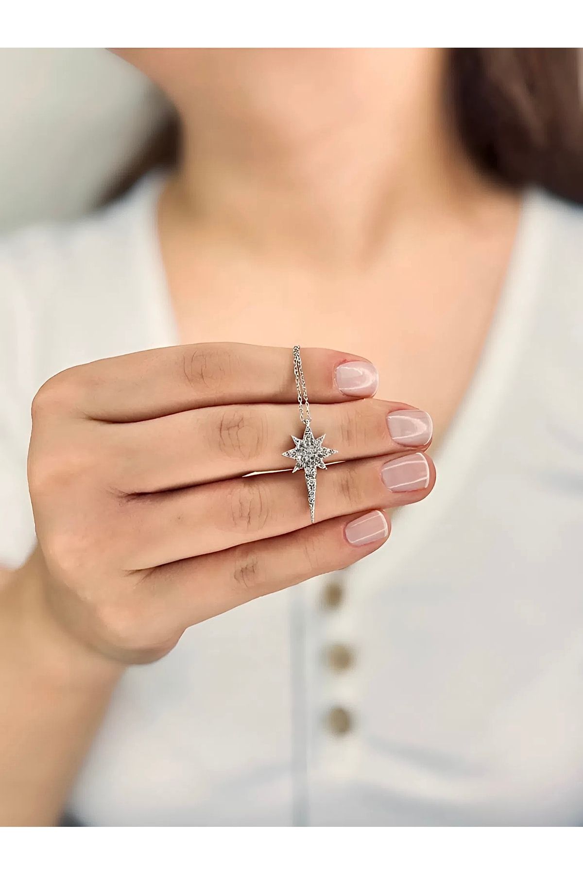 Azra Silver&Aksesuar 925 Ayar Zirkon Taşlı Kutup Yıldızı Zincirli Gümüş Kolye
