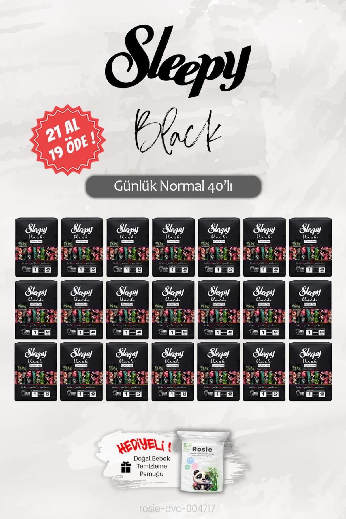Sleepy 21 AL 19 ÖDE Sleepy 40'lı Black Normal Günlük Ped, ROSIE Hediye