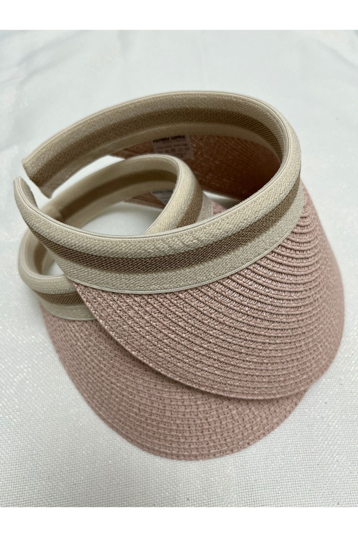 Butik Pembe güneş koruyucu ıthal şeritli hasır vizör şapka