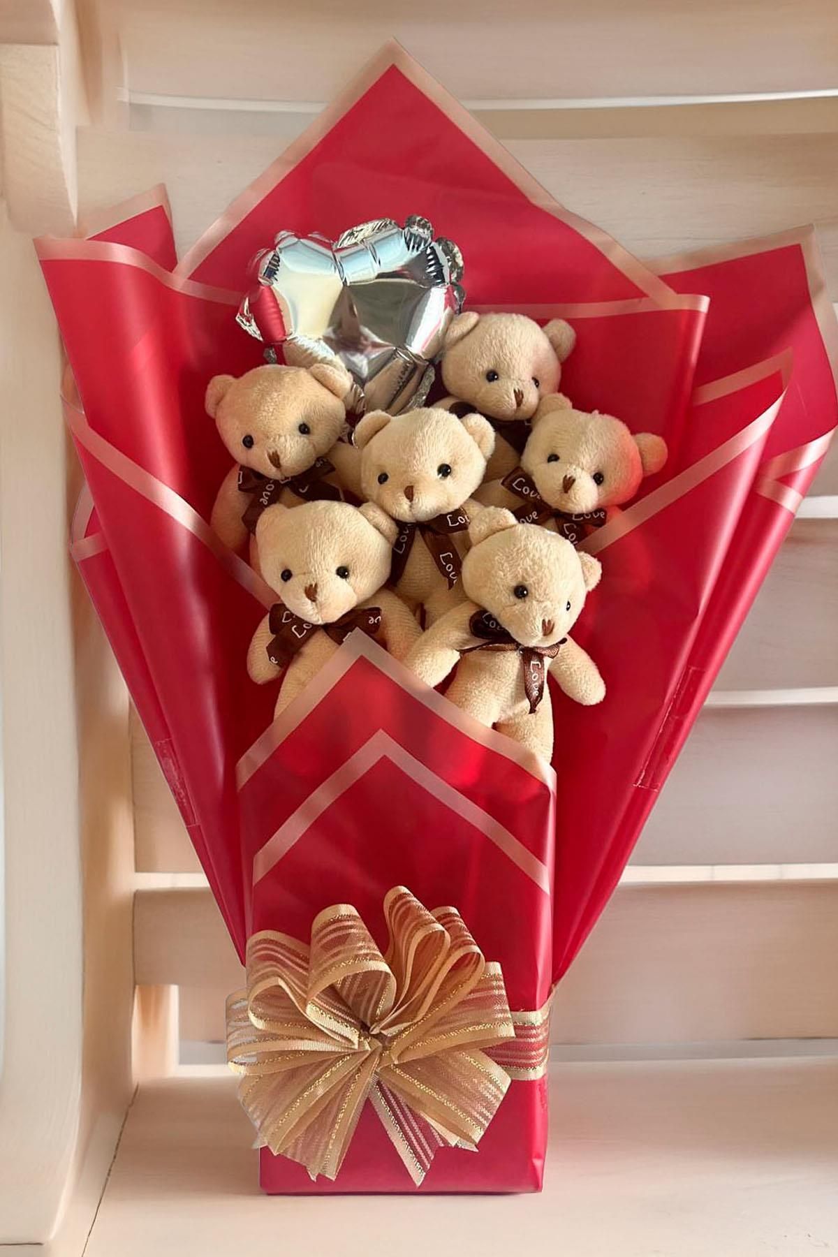 Sole Premium 6’li Bej Peluş Ayıcık Buketi – Kalp Balonlu Arkadaşa, Eşe, Sevgiliye Hediye