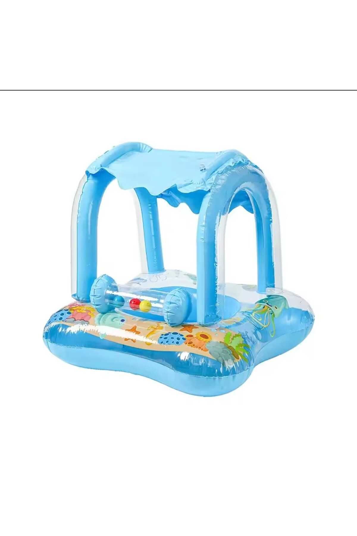 AboutThePerfect Mavi Şişme Bebek Flotörü, Oyuncaklı Havuz Simidi, Güvenli ve Eğlenceli Bebek Simidi