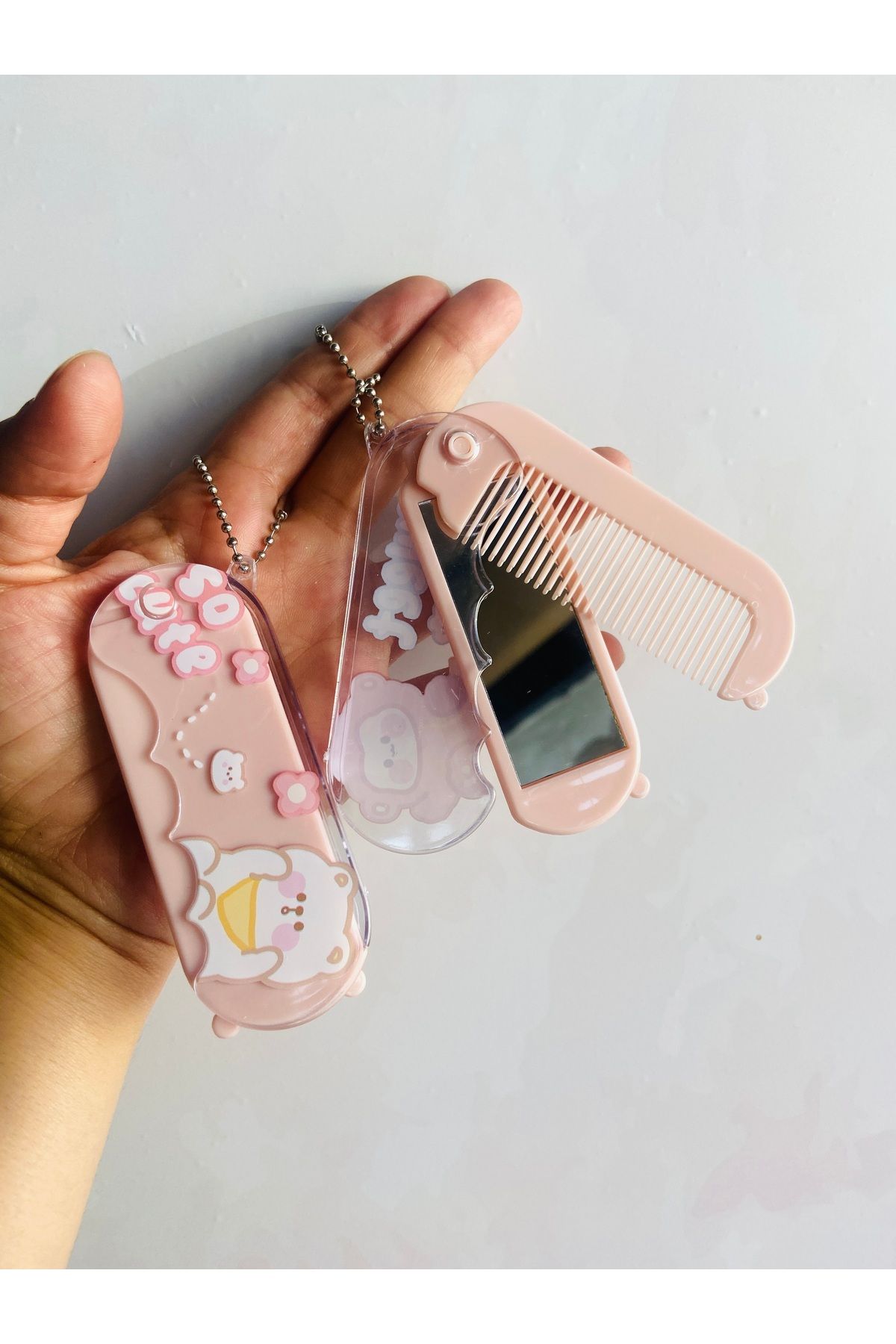 synshop Kawaii Teddy Ayıcık Pudra Pembe Aynalı Tarak Anahtarlık Çanta Süsü