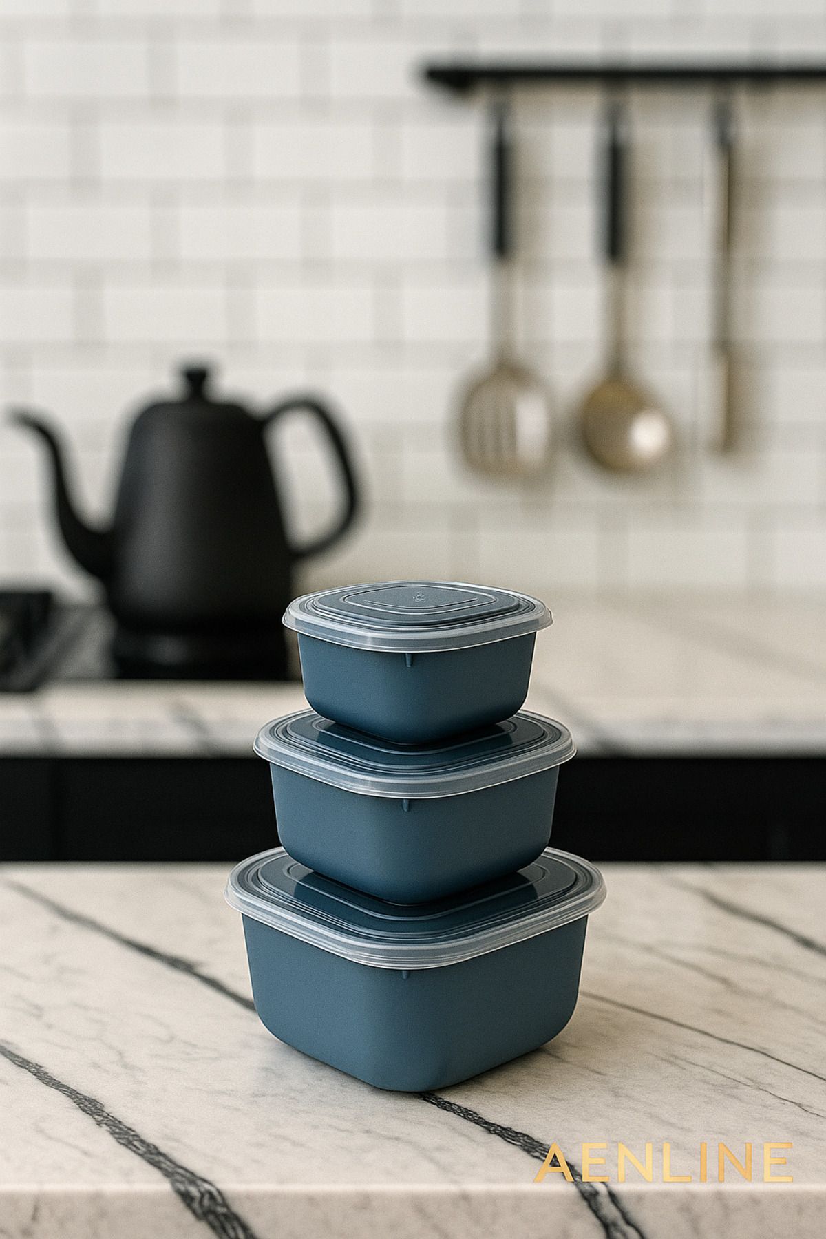 AENLINE HOME Premium SnapLid Dikdörtgen 3’lü Saklama Kabı Seti – Rengi Mavi 600 ml / 1100 ml / 1800 ml, BPA Free
