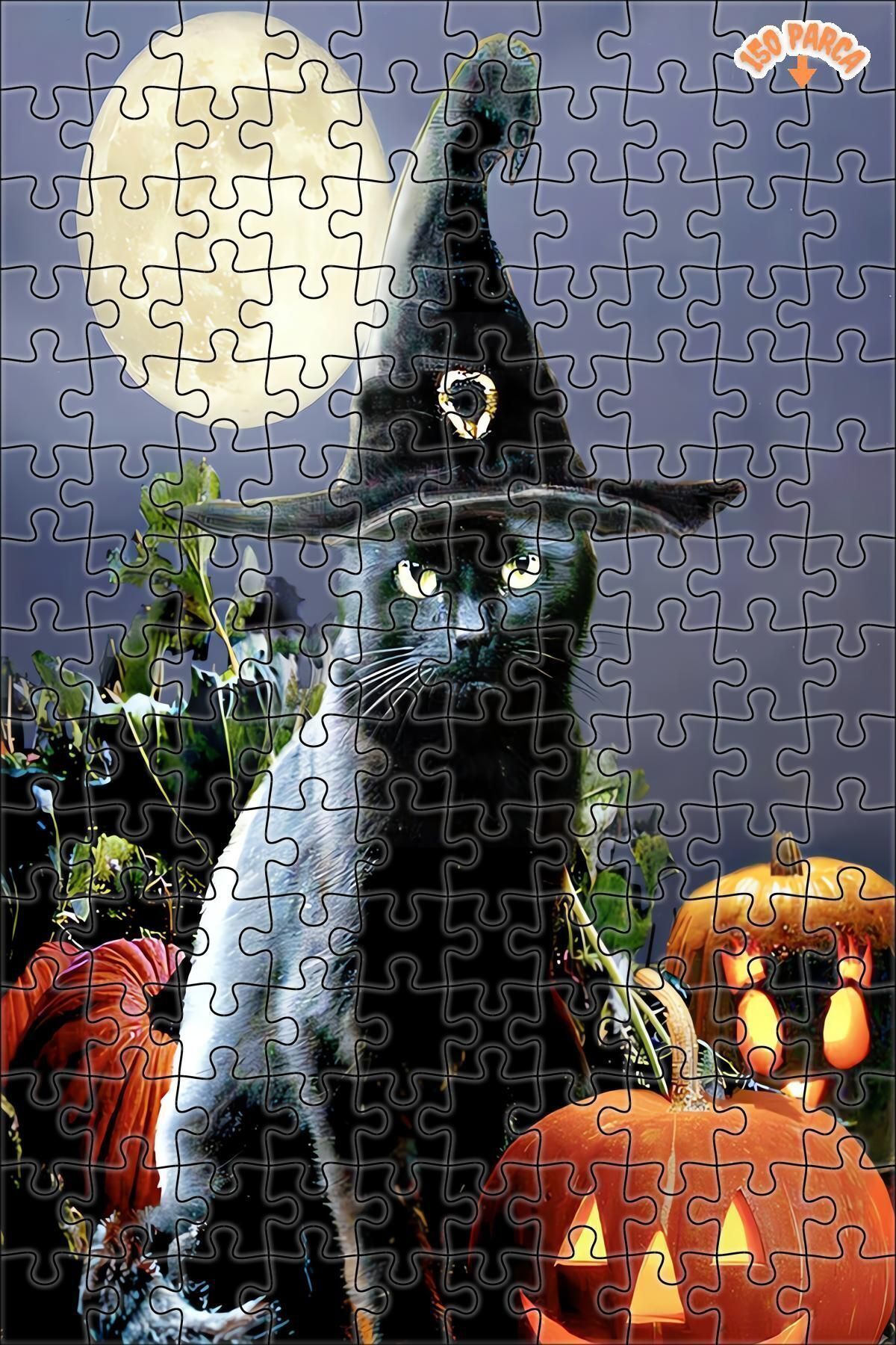 Elioure TR Kara Cadılar Bayramı Kedisi Dekoratif Çift Katlı Çerçeveli Asılabilir Ahşap Puzzle 150 PARÇA 20X