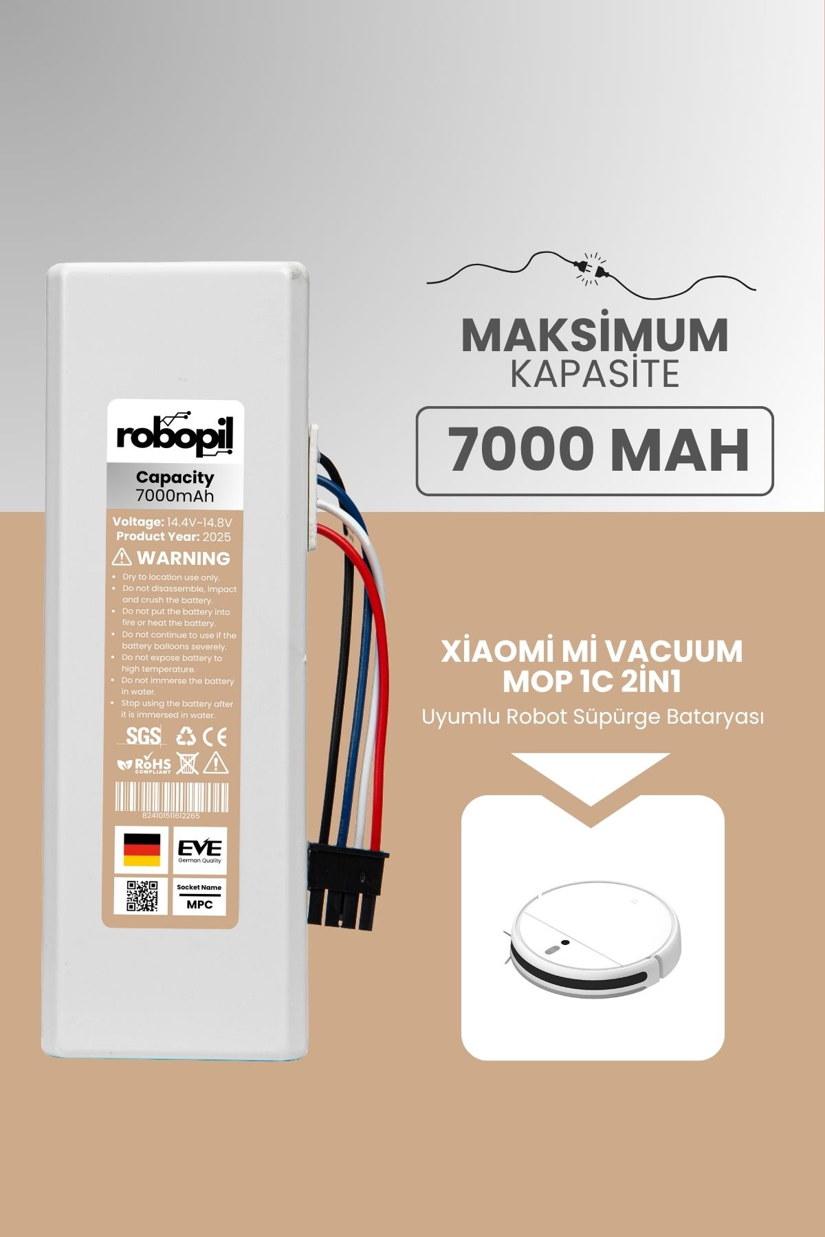ROBOPİL Xiaomi Mi Vacuum Mop 1c 2in1 Uyumlu Batarya (MAKSİMUM KAPASİTE) 7000mah Robot Süpürge STYTJ01ZHM