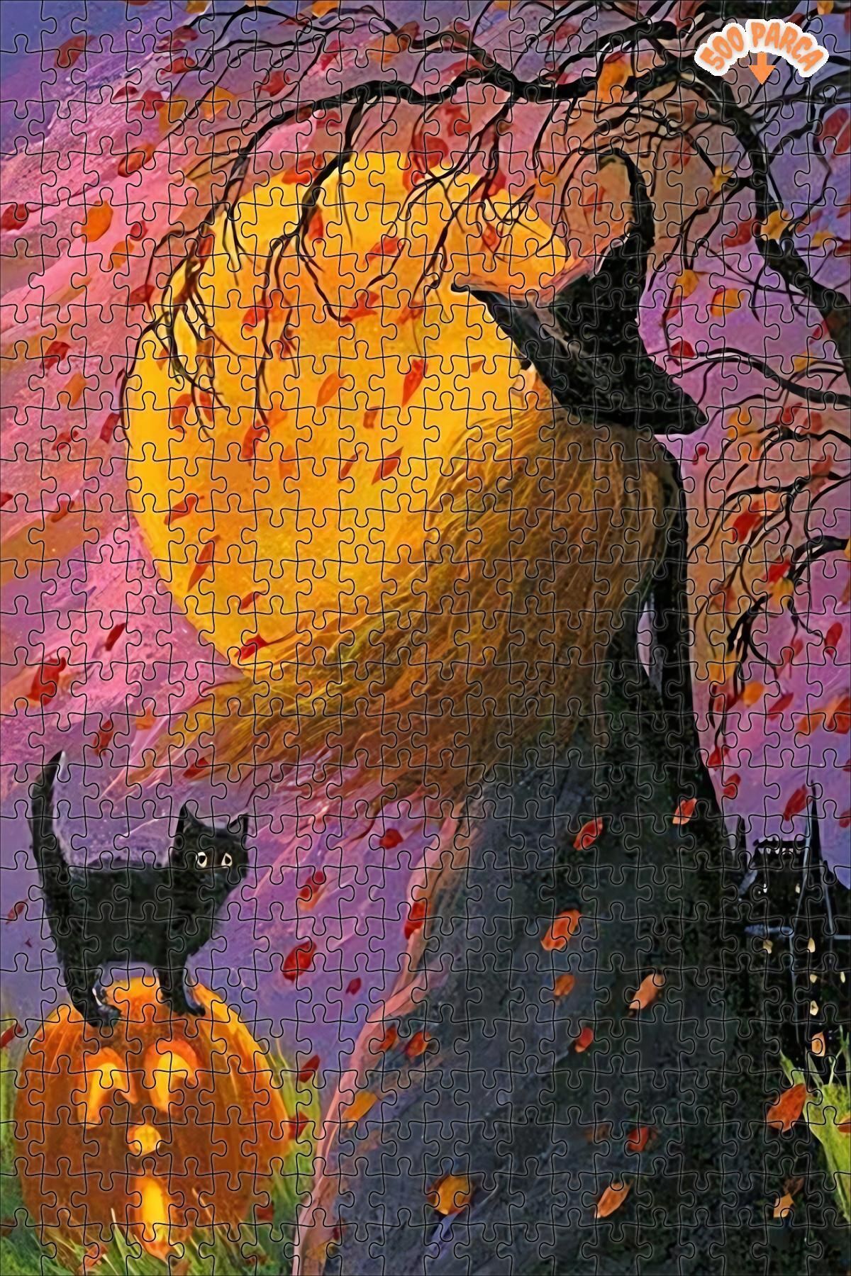 Elioure TR Cadı ve Kedi Dekoratif Çift Katlı Çerçeveli Asılabilir Ahşap Puzzle 500 PARÇA 30X50 ARZU GÜL TİC