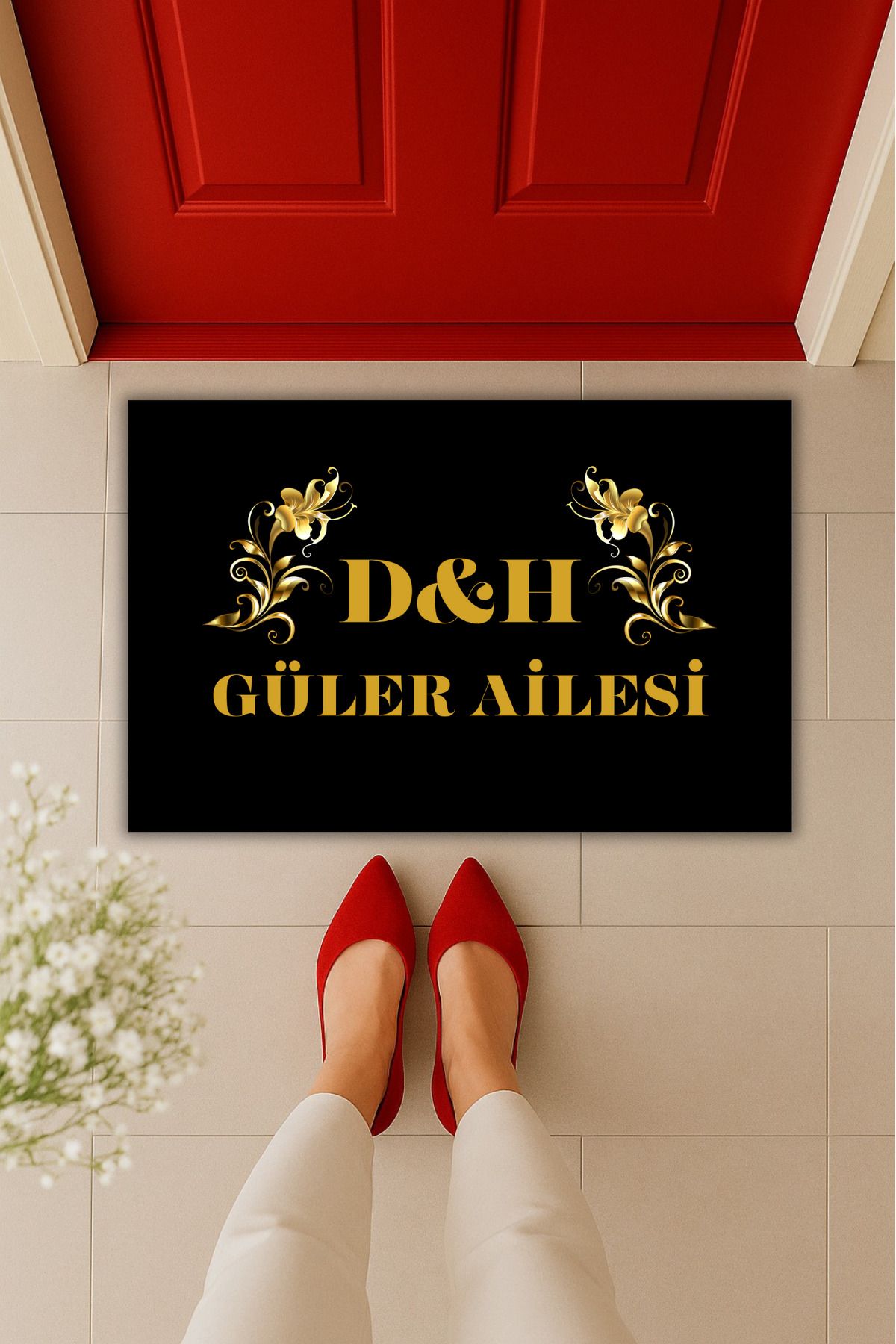 Dormot Home Yüksek Kaliteli Dijital Baskı Ailenize Özel Çiçek Motifli Siyah Kapı Önü Paspası