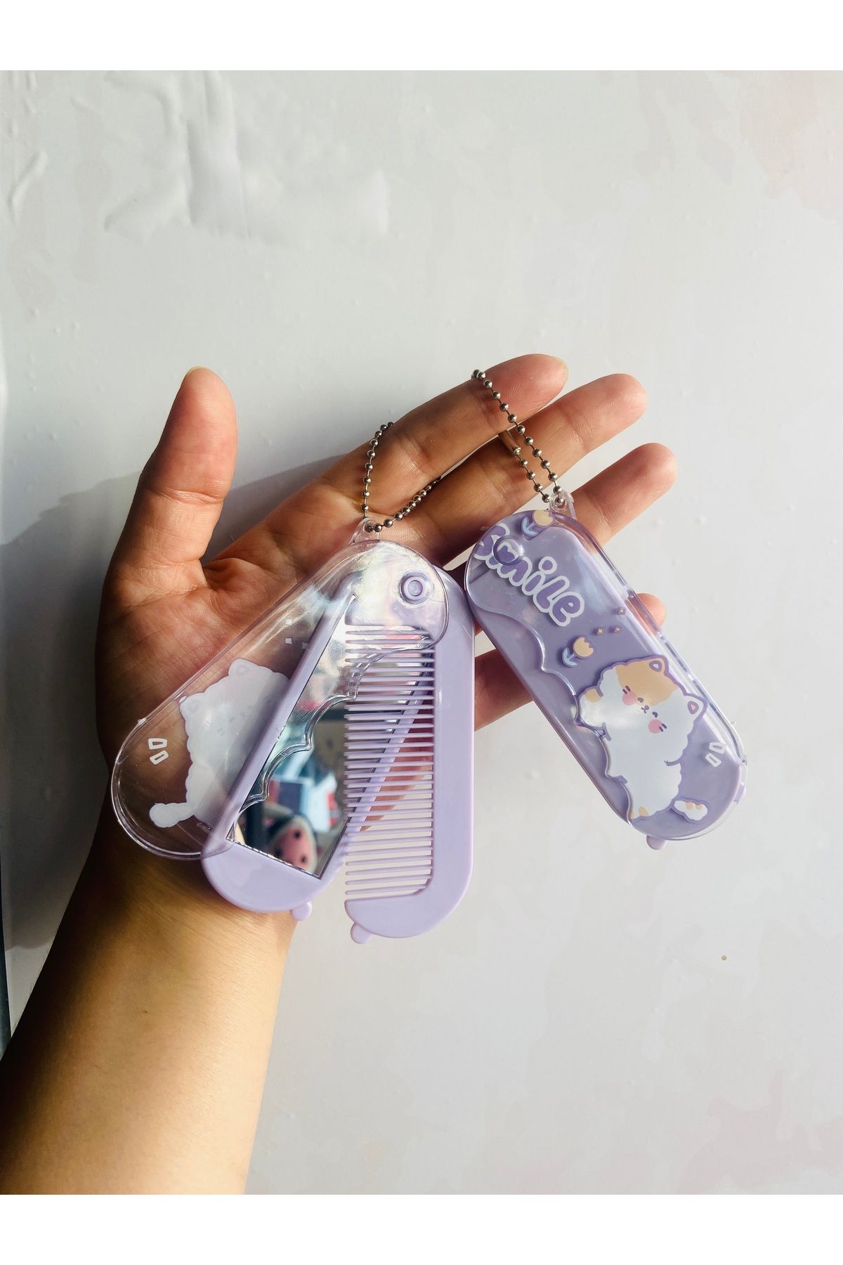 synshop Kawaii Kedili Lila Aynalı Tarak Anahtarlık Çanta Süsü