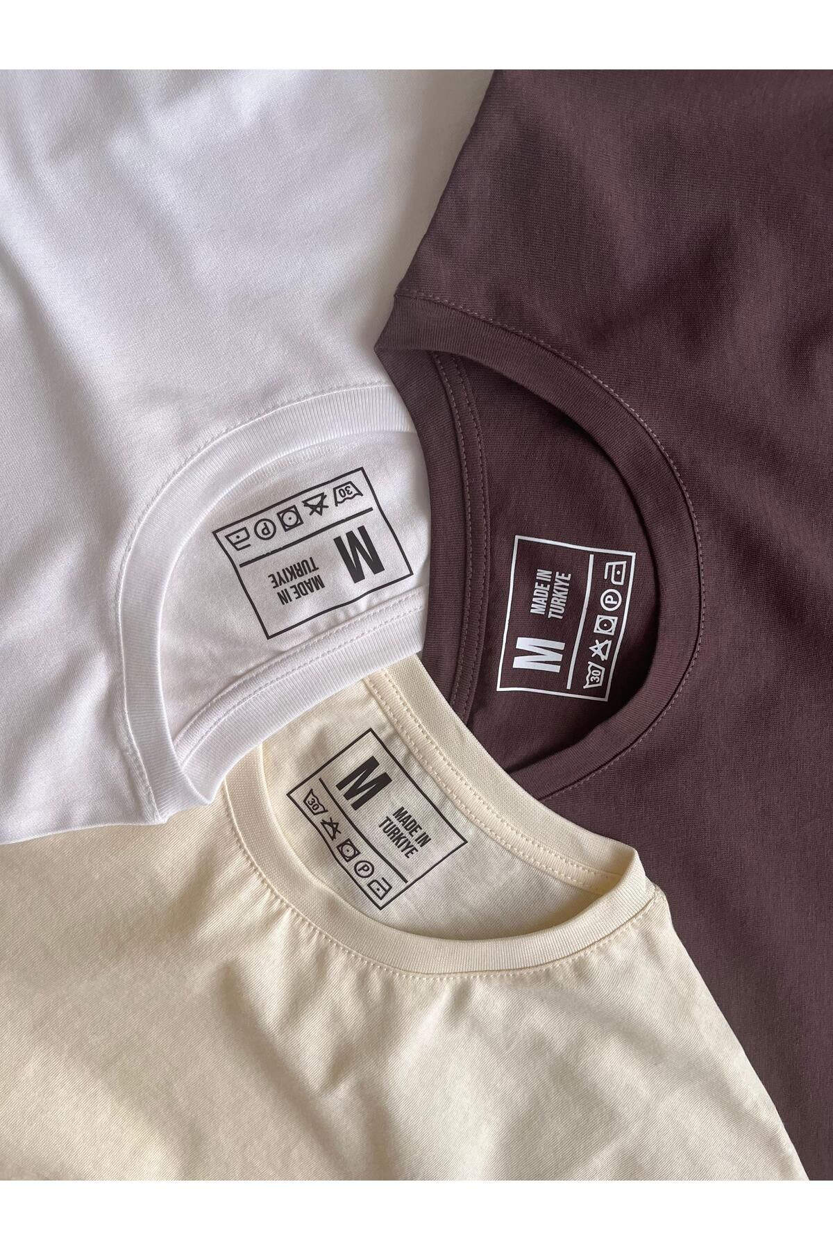 BLUGRIN Unisex Basic 3'lü T-Shirt Set - Beyaz,Krem,Kahverengi