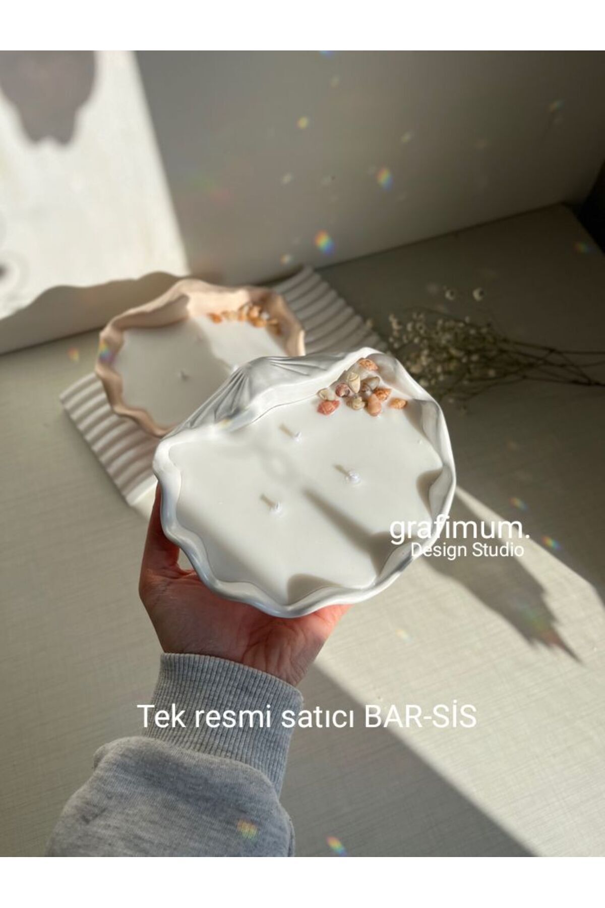 DEKORANLA Beyaz deniz kabuğu tasarımlı kokulu ve aromaterapiye uygun soya mumu