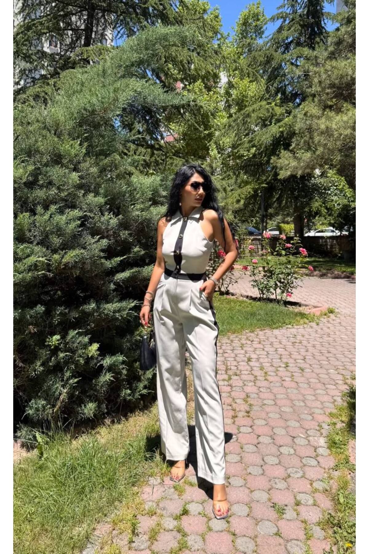 Gülşen Gök Butik Şeritli Düğme Detay Tulum