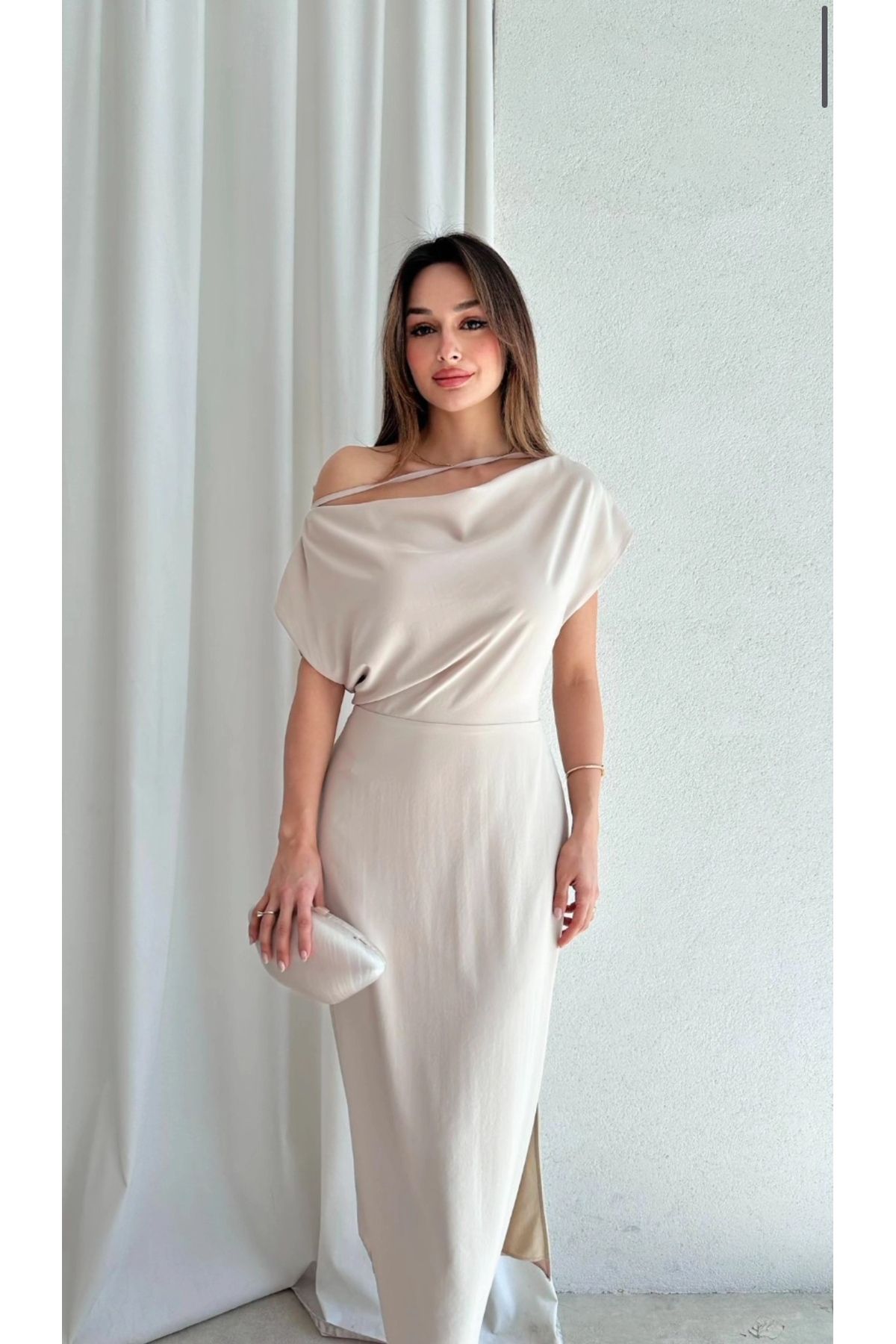 MAMMY Krem renk MİDİ ELBİSE