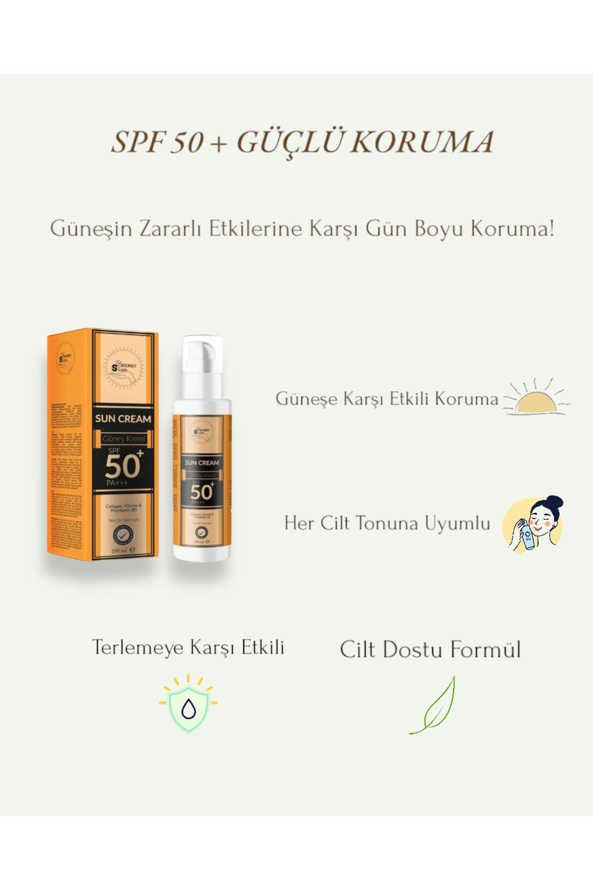 Secret Slim Güneş koruyuculu krem sun cream tüm cilt tipleri için Spf50+100 ML