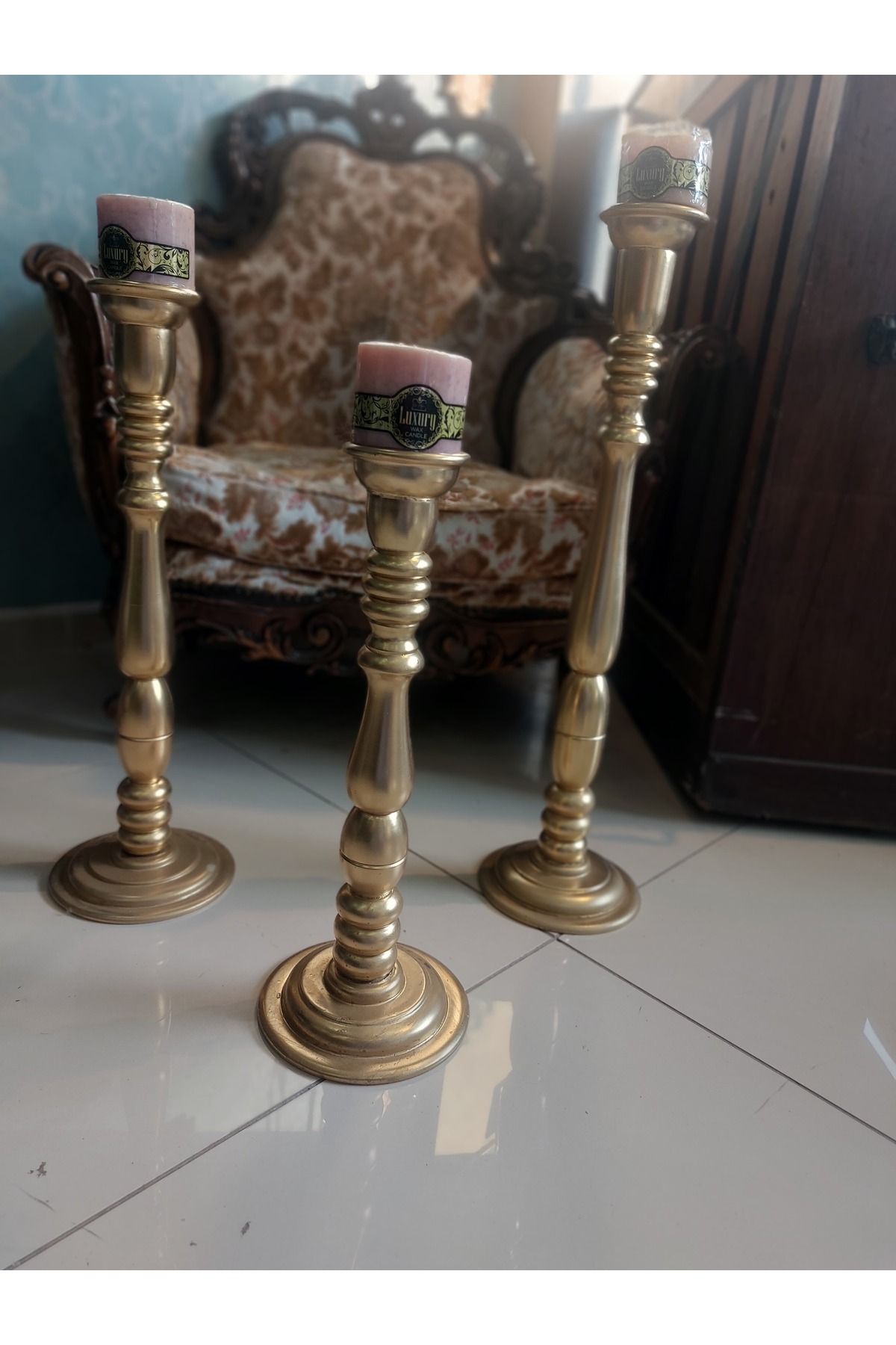 Dedemin Antikaları Vintage Gold 3'lü Yer Şamdanı