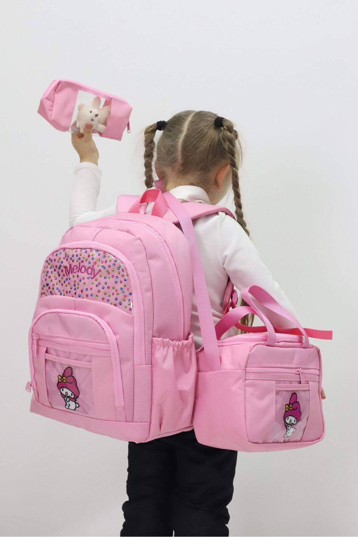 madam gold Kız Çocuk MyMelody Temalı 3'lü Okul Çanta Seti Sırt Çantası Termal Beslenme Çantası Kalemlik Sevimli