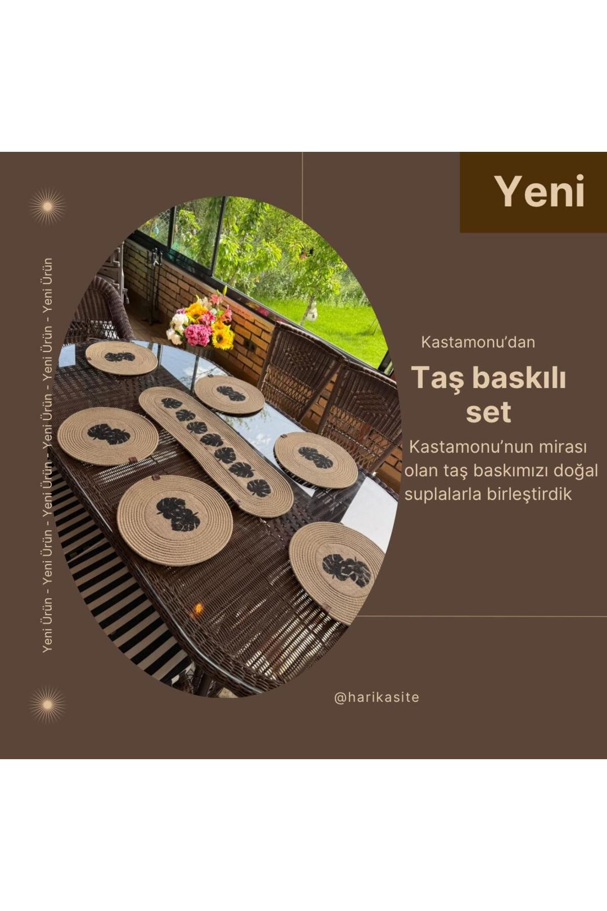 Halora Kastamonu Yaprak Desenli Taş Baskılı Doğal Jüt Supla ve Runner Seti - El Yapımı 6 Kişilik