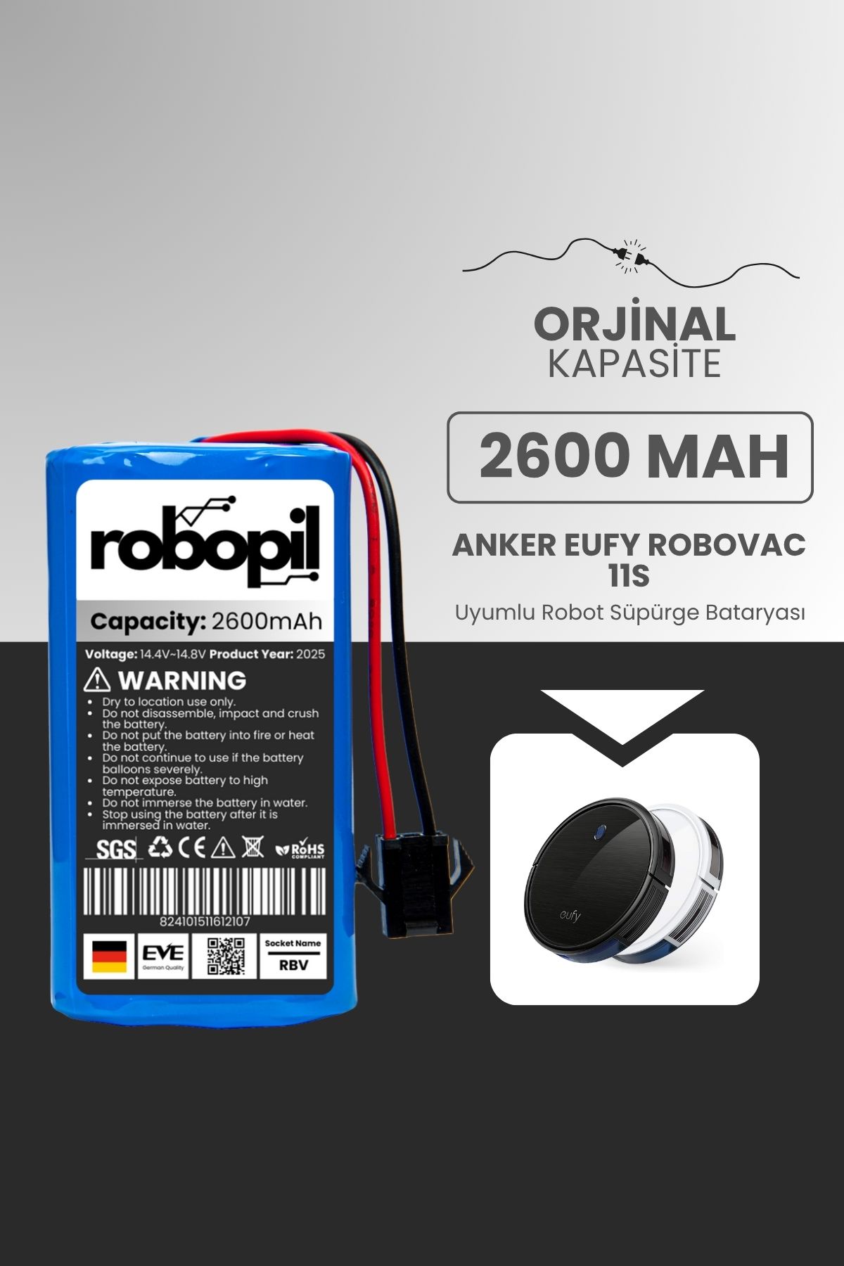 ROBOPİL Anker Eufy Robovac 11s Batarya (ORJİNAL KAPASİTE) Naccon 14.4v 2600mah Akıllı Robot Süpürge Pili