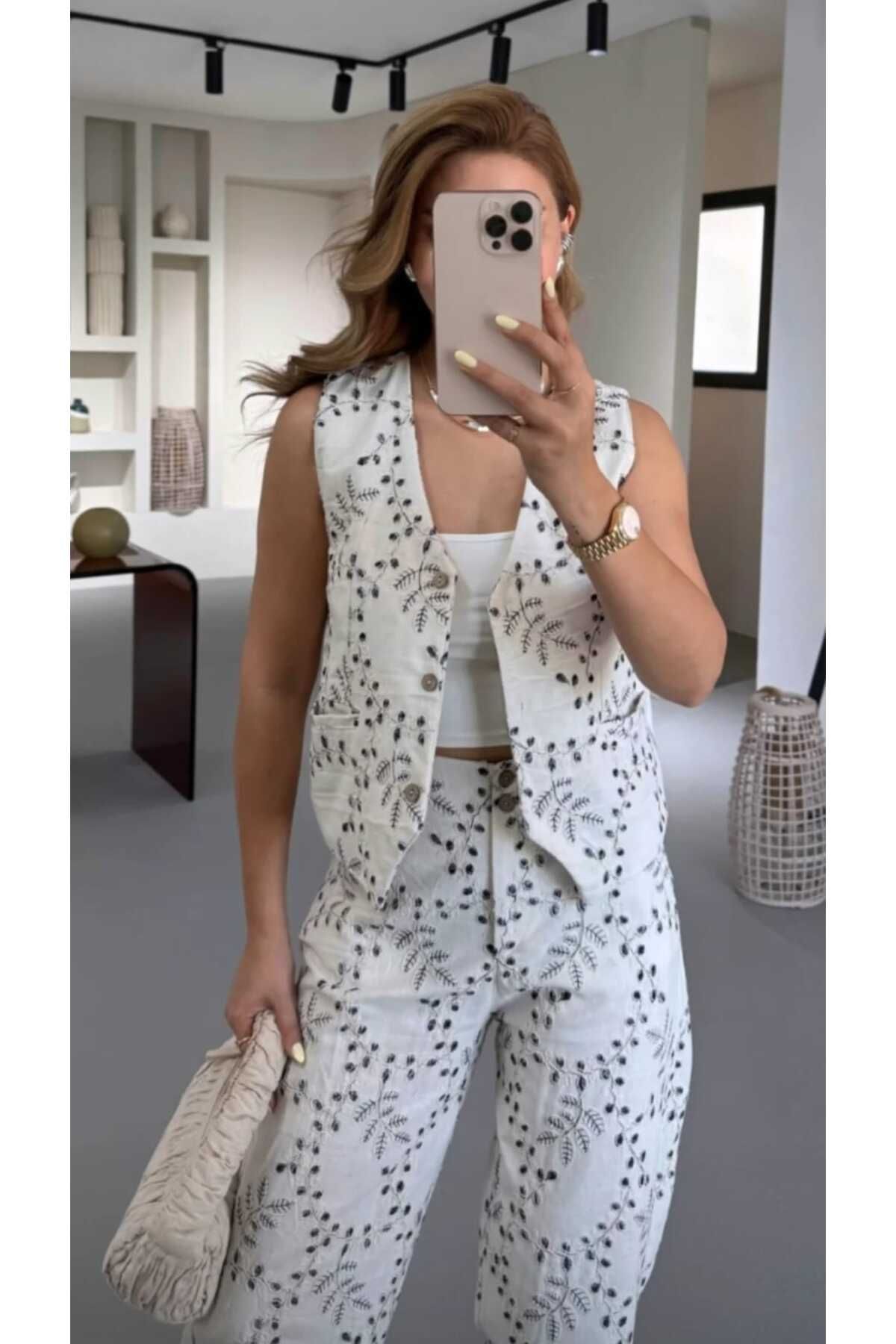 NÜANS MODA KETEN ETNİK DESENLİ YELEKLİ TAKIM