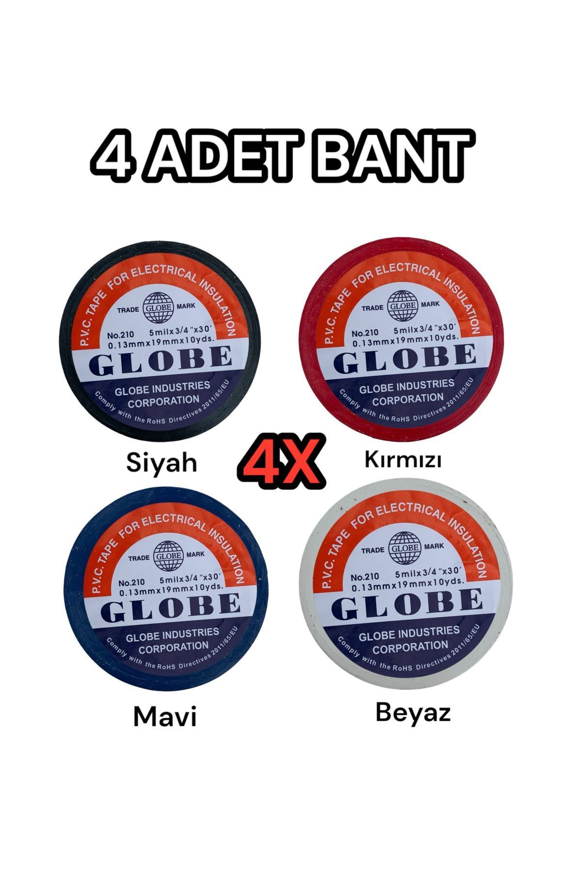 Elioure Tesisat Malzemeleri Globe İzalasyon Bandı 4 Adet ( Kırmızı , Mavi , Siyah , Beyaz) TR