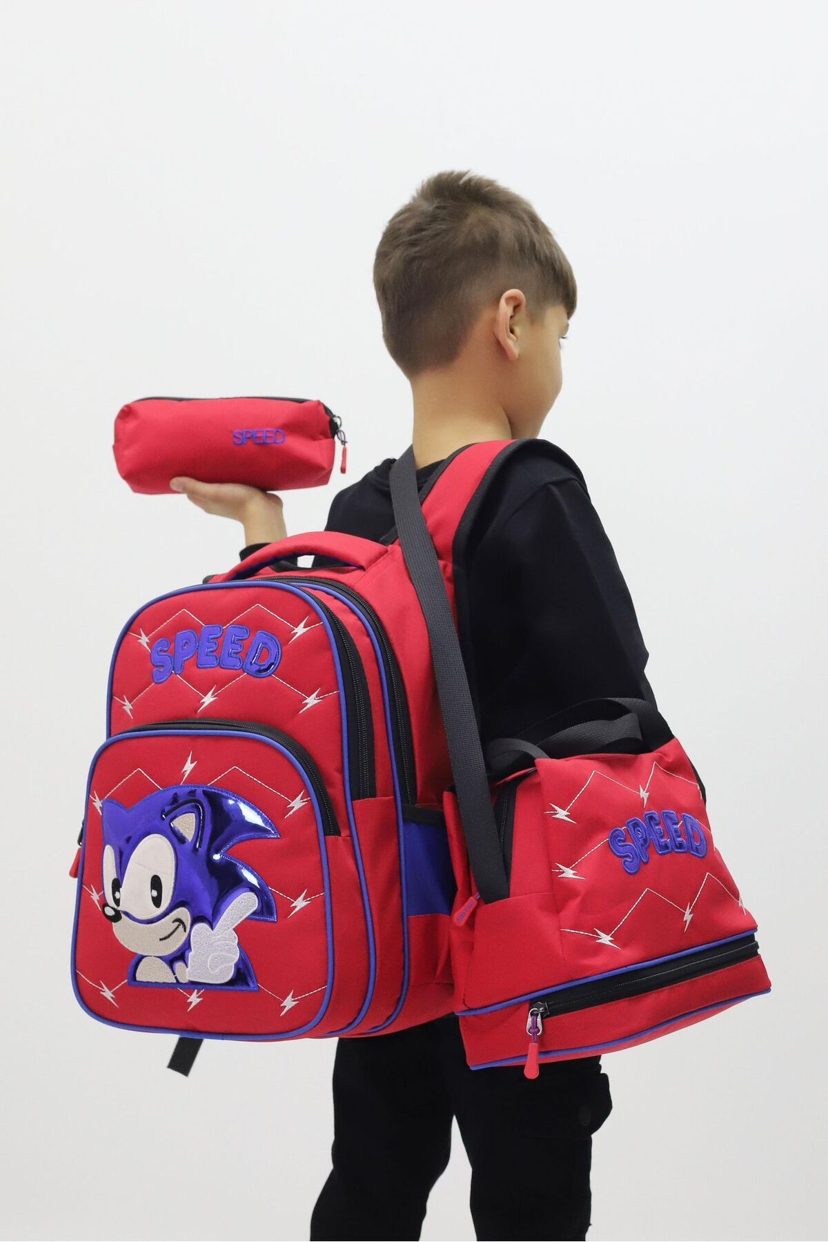 madam gold Kirpi Sonic Erkek Çocuk 3’lü Okul Çanta Seti Özel Tasarım Sırt Çantası Beslenme Çantası Kalemlik