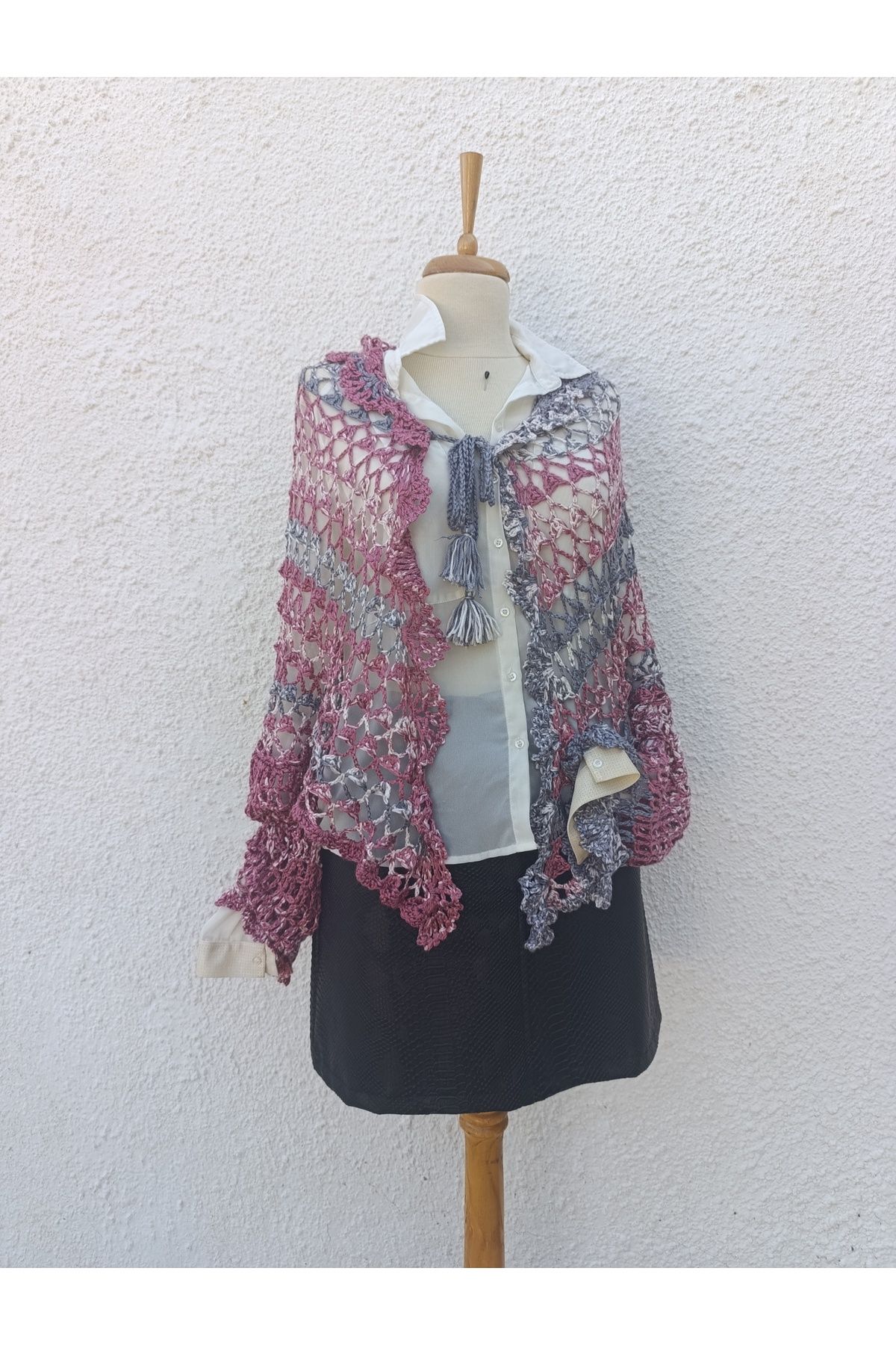 Hippybutik Prembe Mavi Akıllı İp Koton Tığ Dokuma Dantel Tasarım Asimetri Hırka