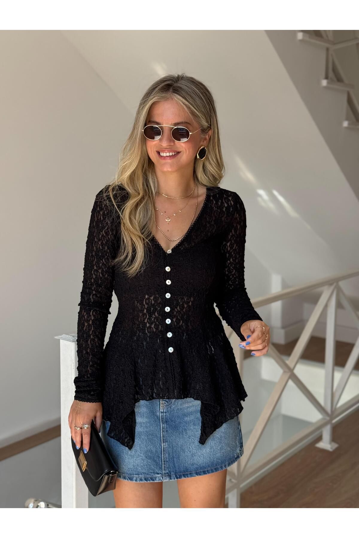 2she Dilvn Düğmeli Peplum Dantel Hırka - Siyah