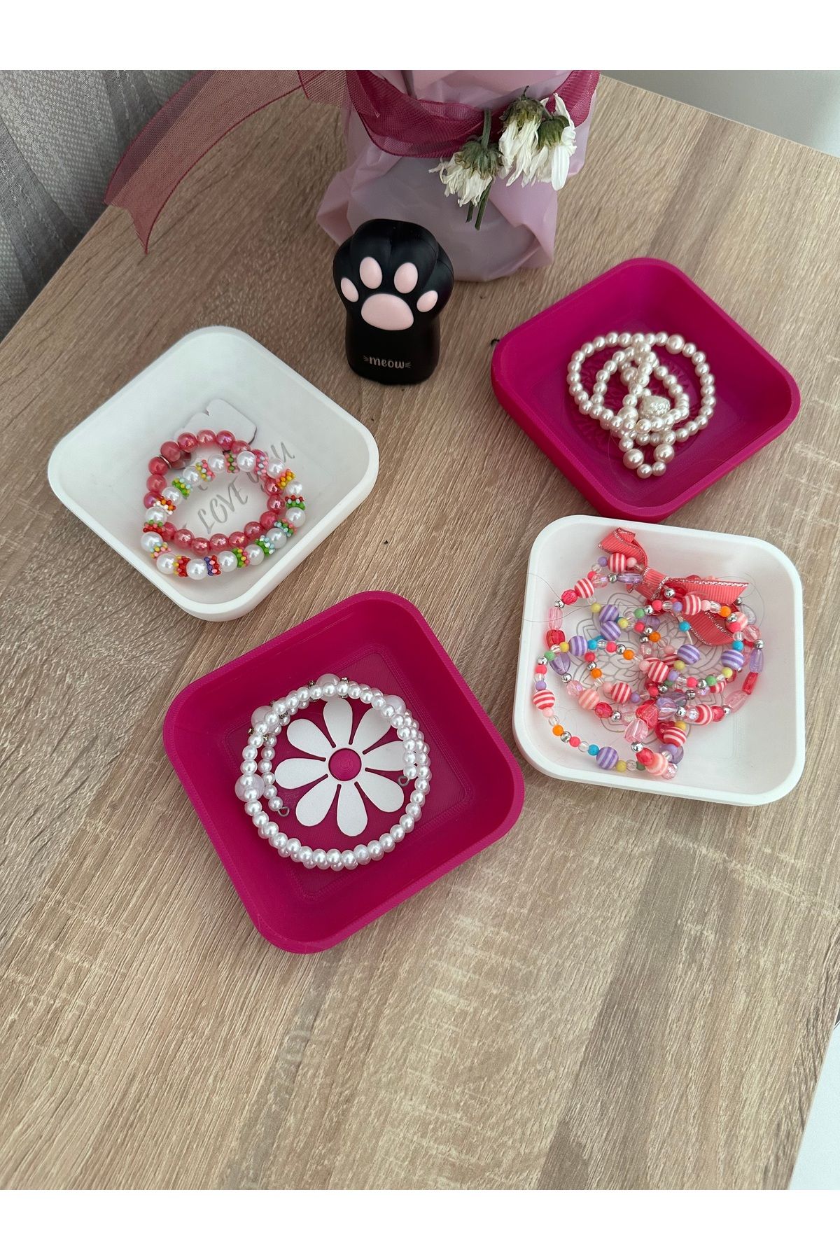 DSdizayn 4 PARÇALI SET TAKI DÜZENLEME ORGANİZERİ BEYAZ ,PEMBE