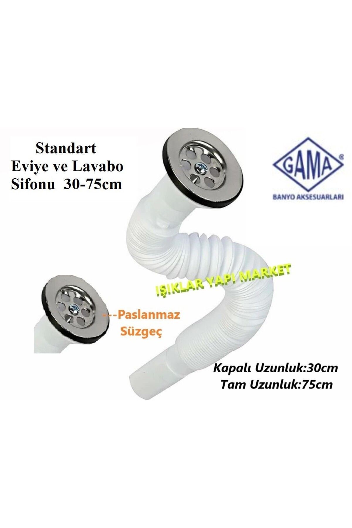 Elioure Tehlikeli Değil Lavabo Sifonu-Körüklü Sifon-Standart Süzgeç Ağızlı 30-75cm GAMA TR Beyaz Lavabo Sif